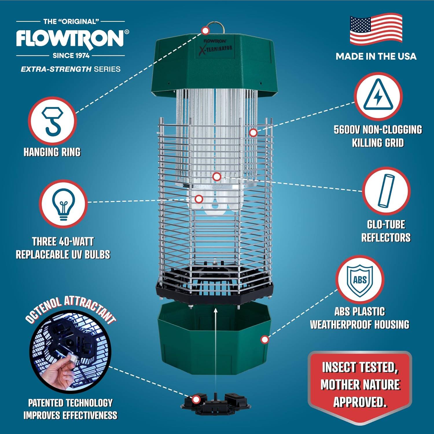 THE "ORIGINAL" FLOWTRON SINCE 1974 EXTRA-STRENGTH SERIES FLOWTRON X-TRRIEATON MADE IN THE USA 3 HANGING RING 5600V NON-CLOGGING KILLING GRID THREE 40-WATT REPLACEABLE UV BULBS GLO-TUBE REFLECTORS OCTENOL ATTRACTANT ABS PLASTIC WEATHERPROOF HOUSING PATENTED TECHNOLOGY IMPROVES EFFECTIVENESS INSECT TESTED, MOTHER NATURE APPROVED.