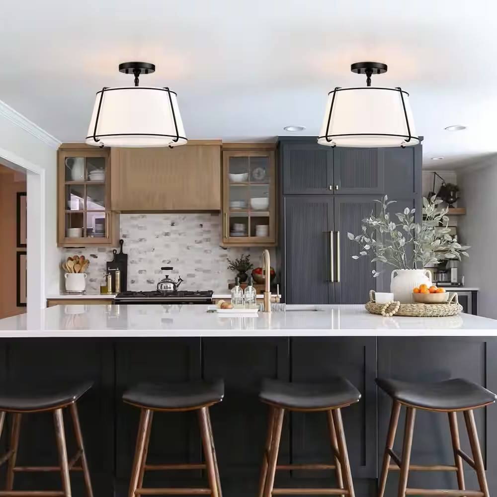 Left. Hivvago - 2-Light Round 15-inch White Drum Ceiling Light w/ Black Metal - Semi-Flush Mount - White.