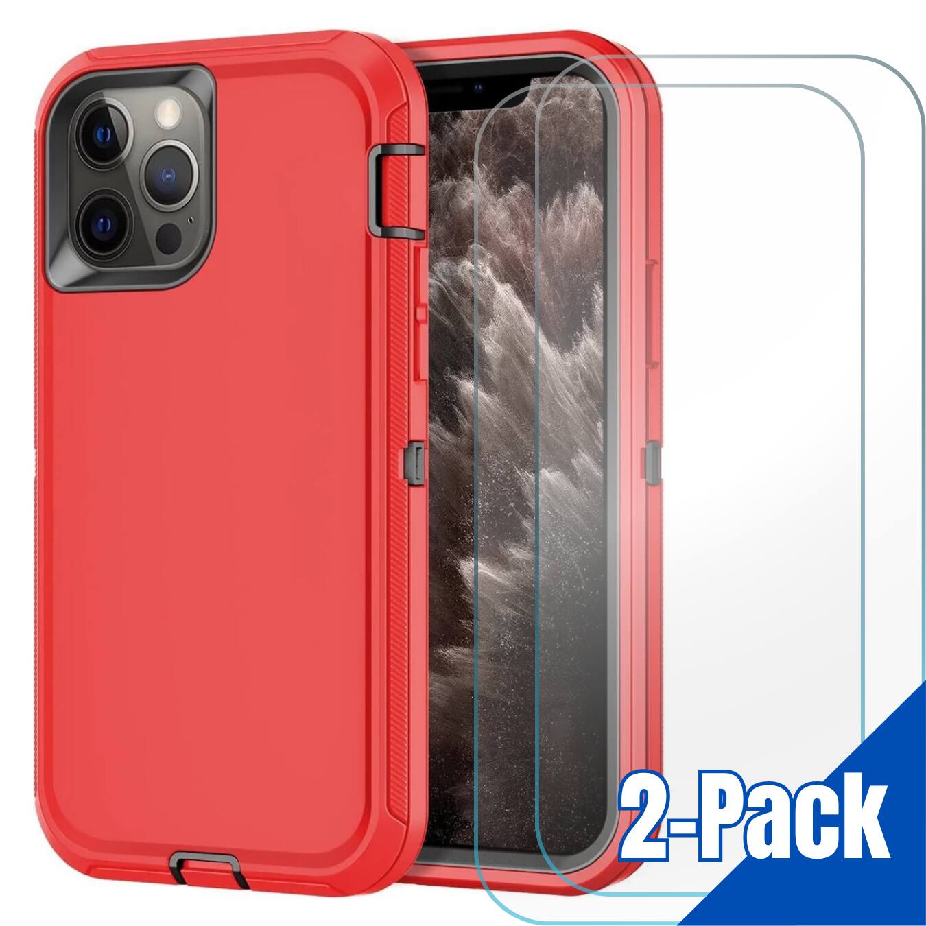 Entronix - Heavy Duty Bundle for iPhone 11 Pro Max – Case and 2 Clear Screen Protectors - Red