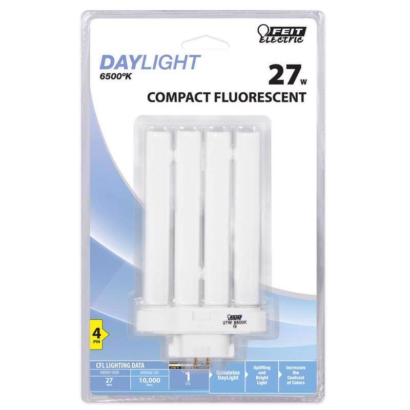 FEIT Electric
DAYLIGHT 6500K
27 W COMPACT FLUORESCENT
4 PIN
CFL LIGHTING DATA
ENERGY USE: 27 W
AVERAGE LIFE: 10,000 HRS
Simulates DayLight
Uplifting and Bright Light
Increases Contrast of Colors
27 W
COMPACT FLUORESCENT
4 PIN