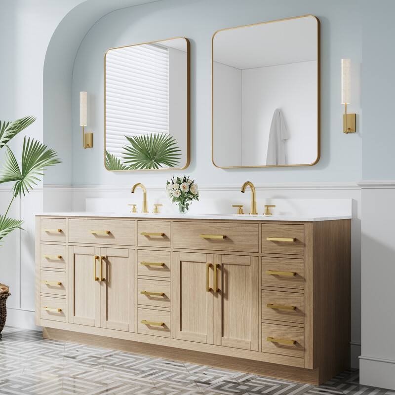 Angle. WELLFOR - 84" Solid Wood Bathroom Vanity with Double Sink, 4 Soft-Close Doors, 14 Drawers& Cultured Marble Countertop - OAK.