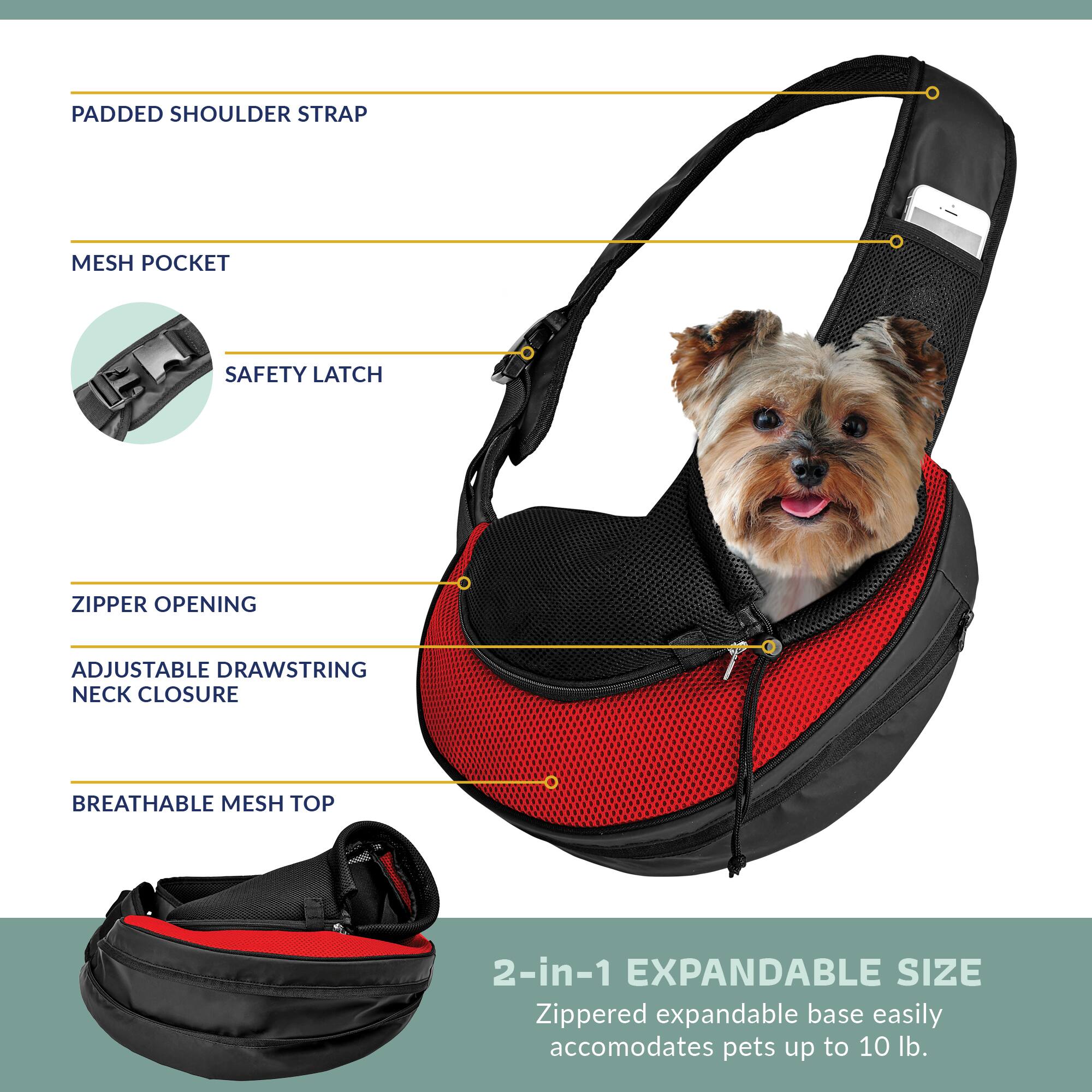 PADDED SHOULDER STRAP  
MESH POCKET  
SAFETY LATCH  
ZIPPER OPENING  
ADJUSTABLE DRAWSTRING NECK CLOSURE  
BREATHABLE MESH TOP  

2-in-1 EXPANDABLE SIZE  
Zippered expandable base easily accommodates pets up to 10 lb.