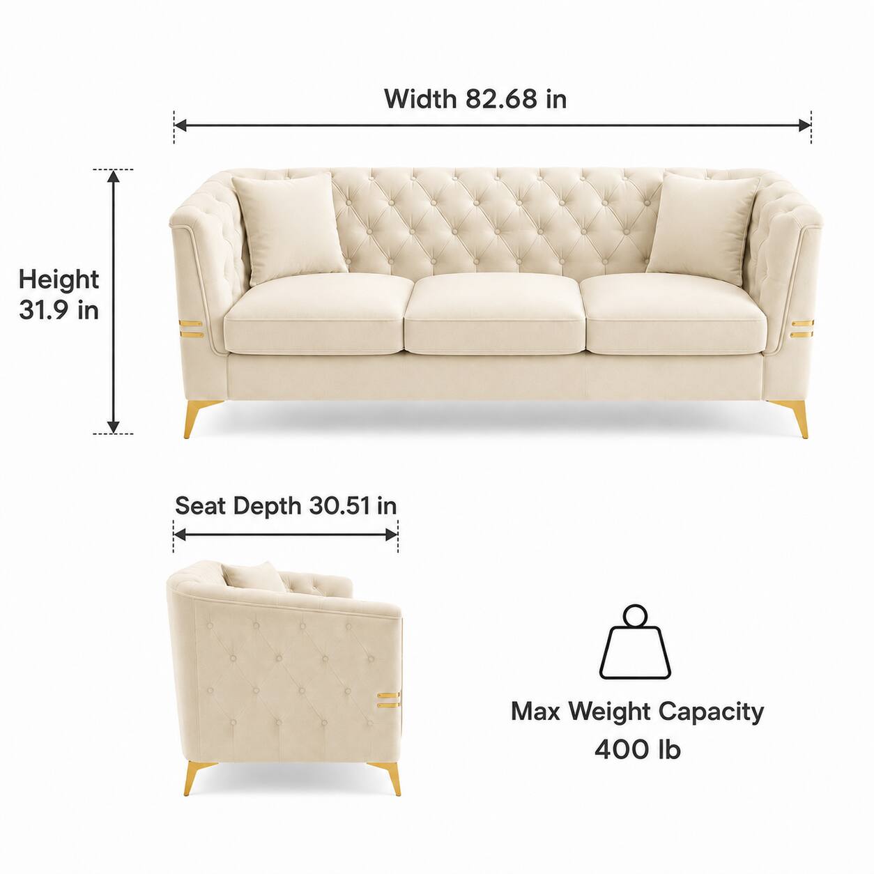 Width 82.68 in  
Height 31.9 in  
Seat Depth 30.51 in  
Max Weight Capacity 400 lb