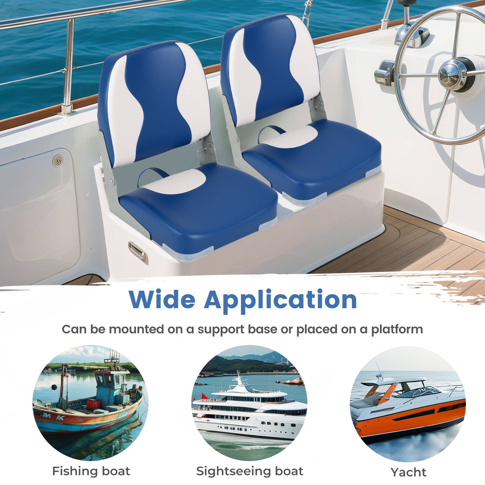 Wide Application  
Can be mounted on a support base or placed on a platform  

- Fishing boat  
- Sightseeing boat  
- Yacht