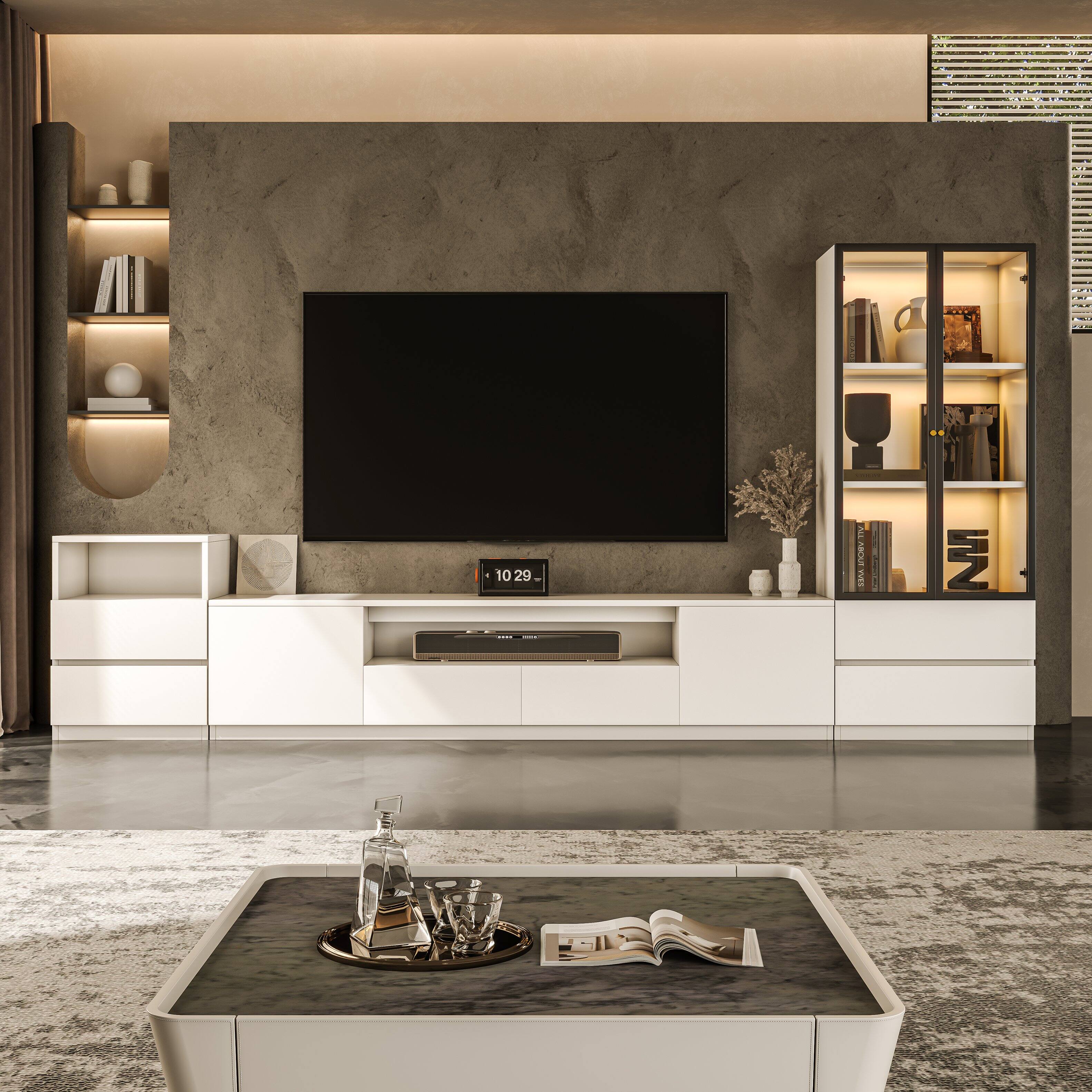 Alt View 1. MSOOB - Entertainment Center for TV Up to 85'', Living Room Cabinet Set Includes Tv Stand, Drawer Cabinet and Glass Cabinet - White.