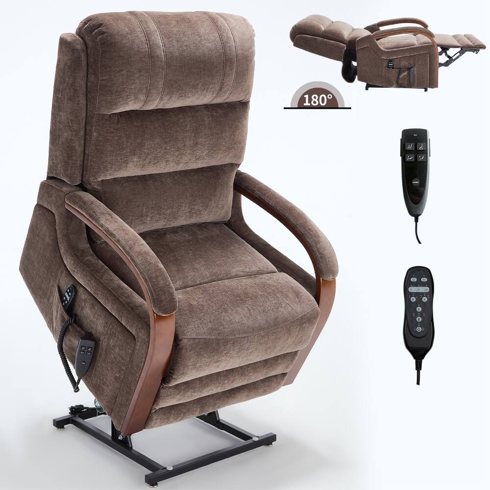 Alt View 7. Ropilly - Ropilly dual motor lift chair brown chenille recliner with solid wood armrests and heat massage - Brown.