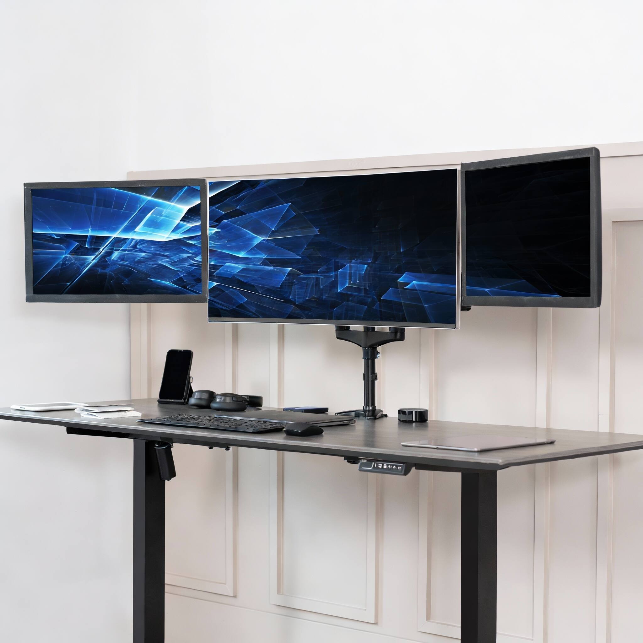 Alt View 2. Frangdom - Black Triple Pneumatic Monitor Mount 32in Heavy Duty C-Clamp Grommet - Black Triple Mount.