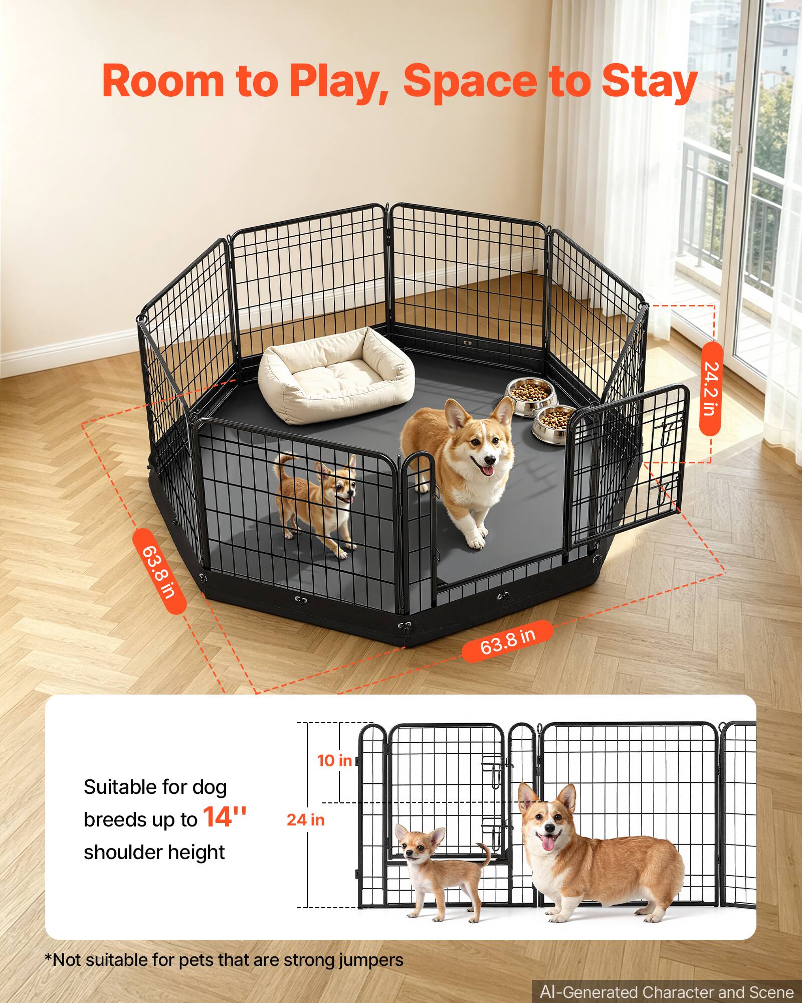 Room to Play, Space to Stay

24.2 in  
63.8 in  
63.8 in

Suitable for dog breeds up to 14" shoulder height

10 in  
24 in

*Not suitable for pets that are strong jumpers

AI-Generated Character and Scene