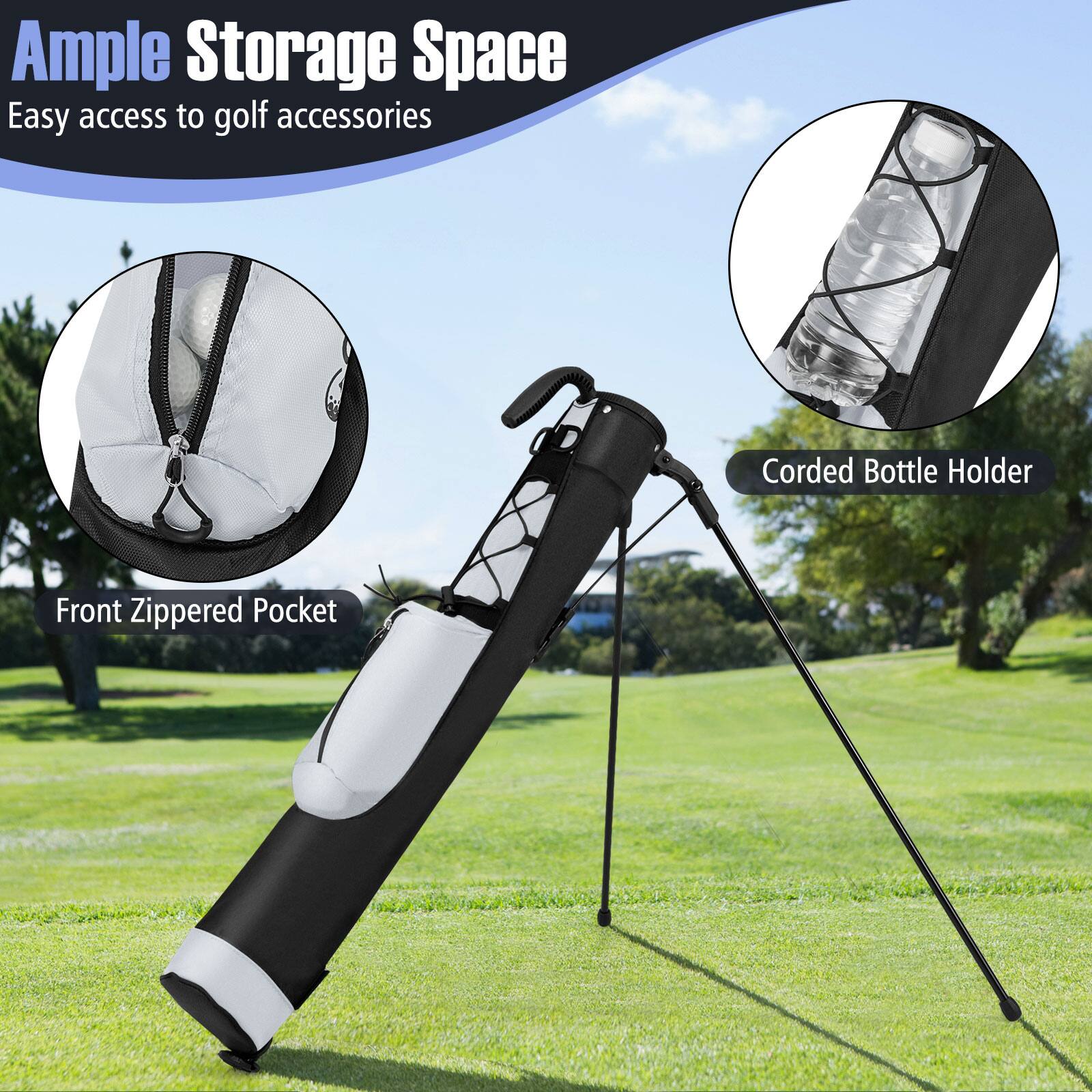 Ample Storage Space  
Easy access to golf accessories  

Front Zippered Pocket  

Corded Bottle Holder