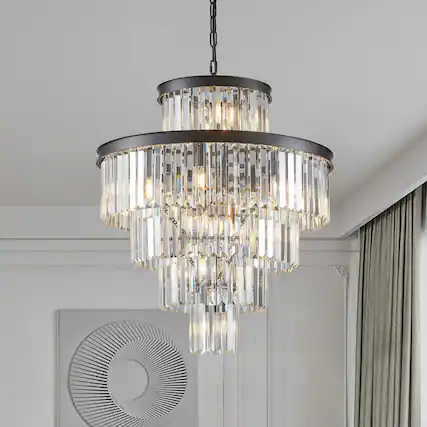Front. Kadyn - 24" Luxury Crystal Chandelier with Black Finish – Elegant 15-Light 5 Tier Pendant Light Fixture, Black - Black.
