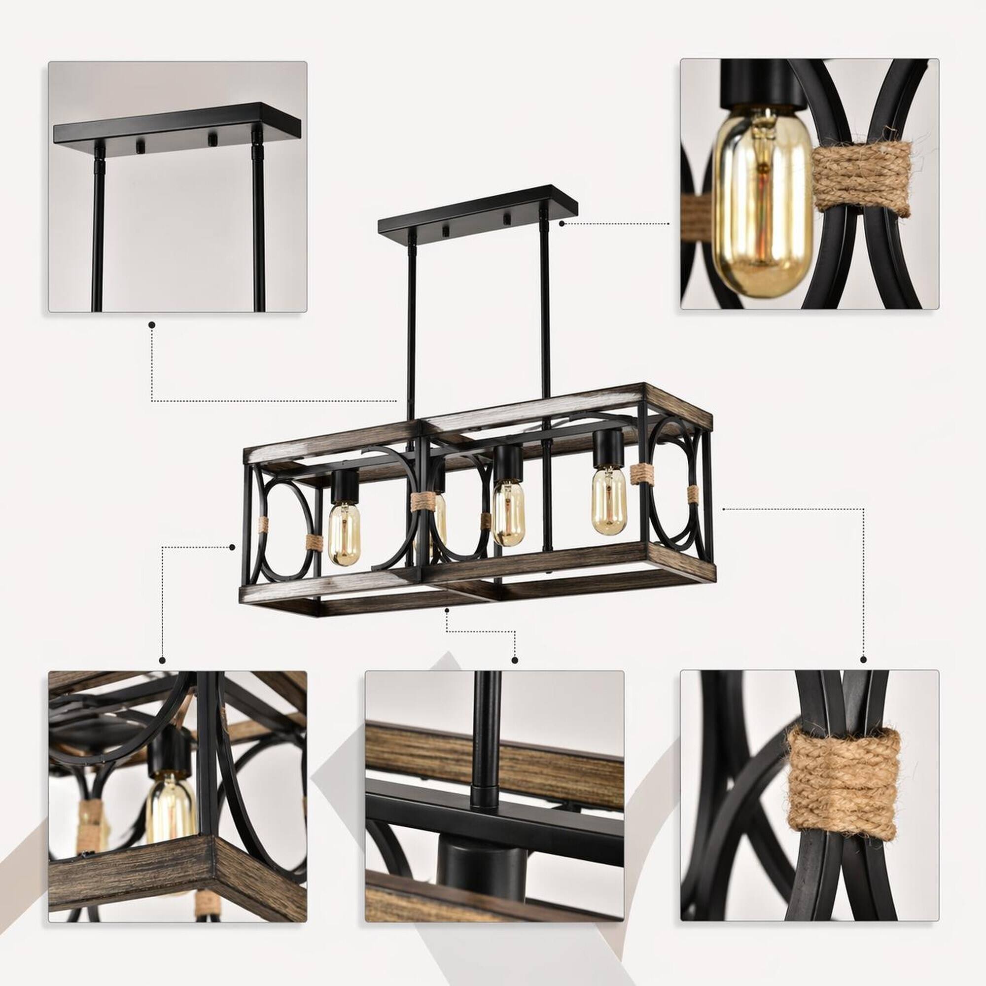 Alt View 3. RYHNUYNE - Rustic Farmhouse 4-Light Rectangular Pendant with Natural Wood Accents and Black Metal Frame, 31.6-Inch.