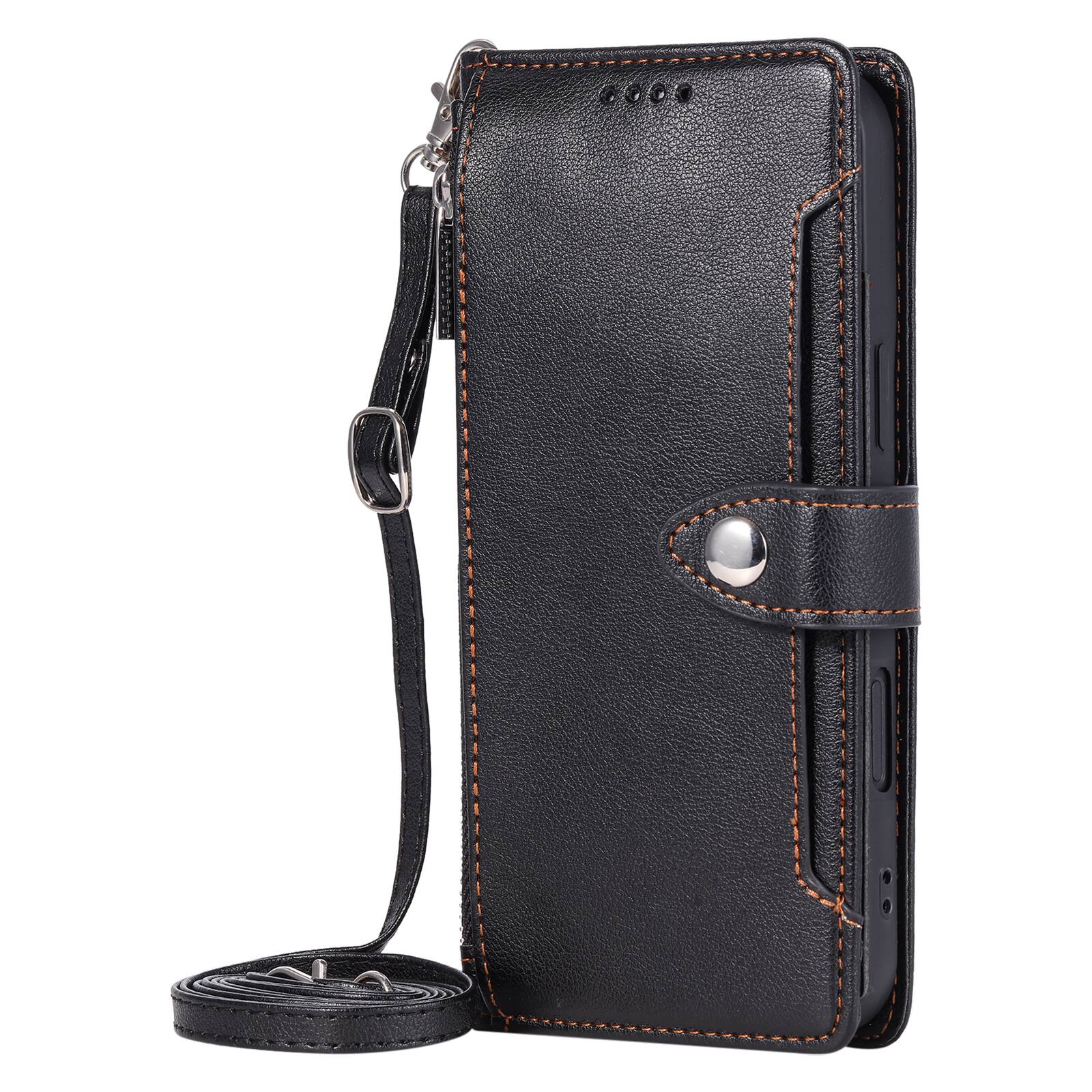 Angle. Dteck - Wallet Case for Samsung Galaxy A36 5G Crossbody Premium Leather Flip Kickstand Zipper Card Slot Cover With Strap+Lanyard - Black.