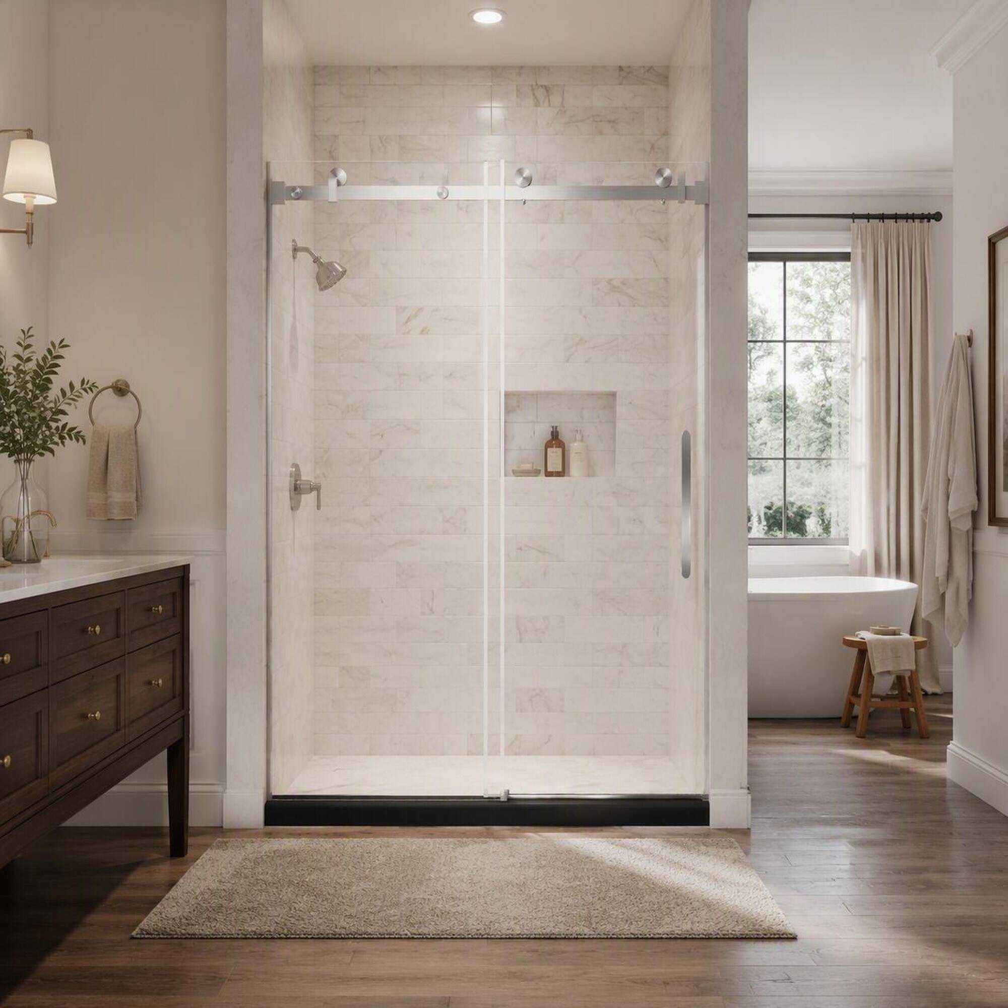Angle. RYHNUYNE - Frameless Single Sliding Shower Door 56-60" W X 76" H With 1/4" Tempered Glass, Brushed Nickel Square Tube Track - Brushed Nickel.