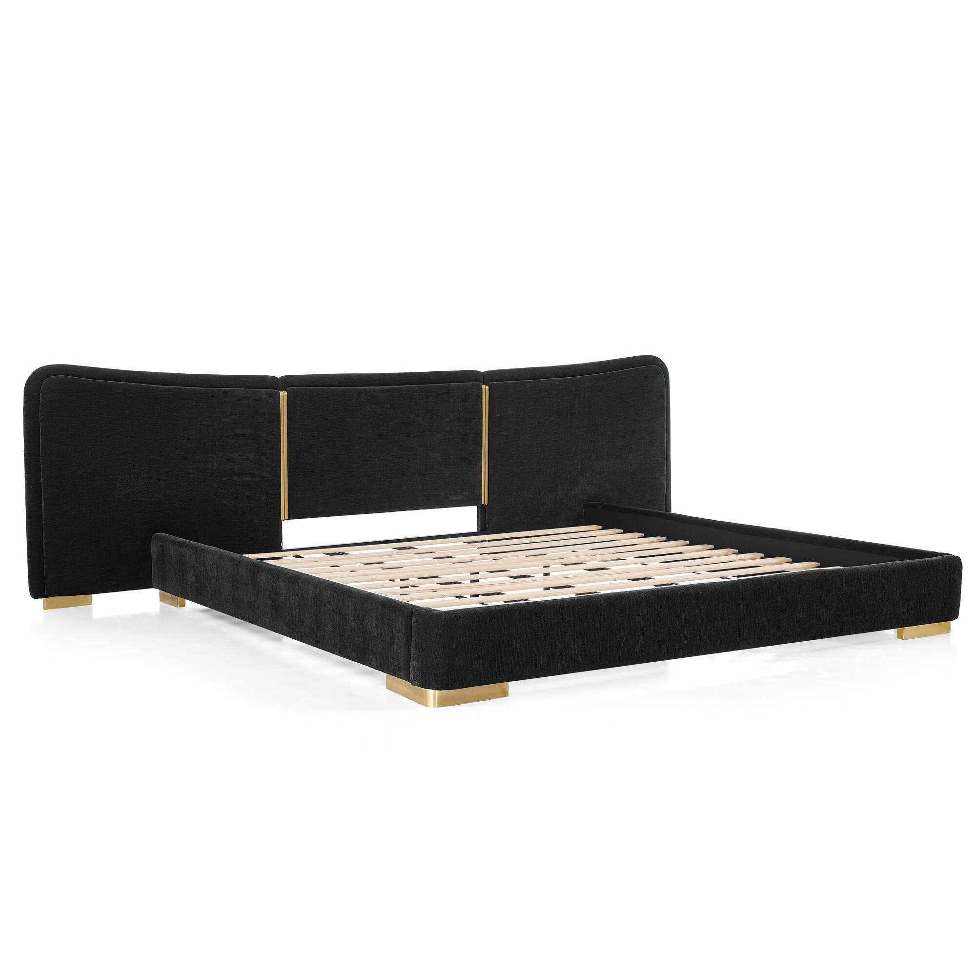 Back. Whisen - Upholstered Platform Bed,Soft Chenille Fabric Frame with Curved Headboard & Metal Legs - Black.