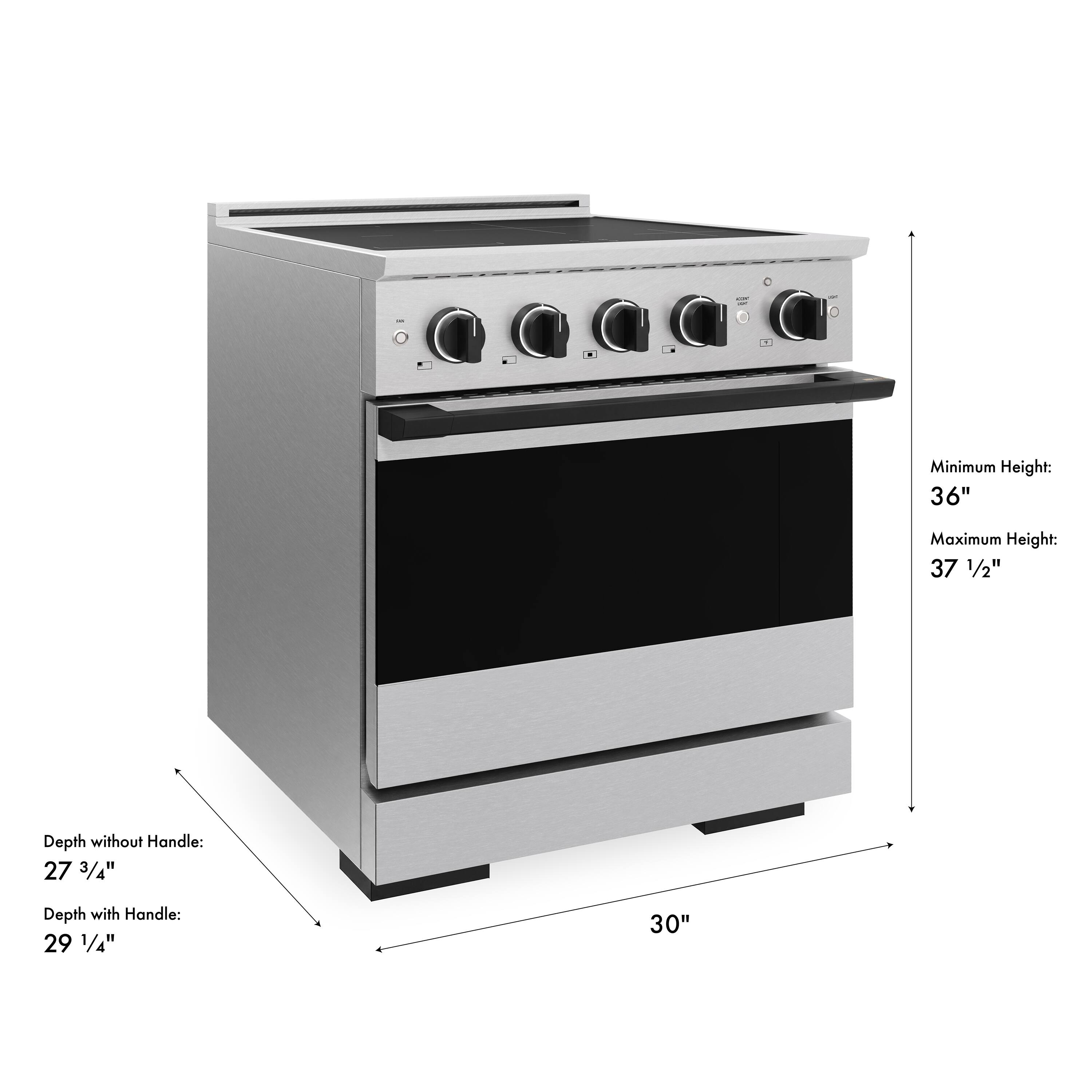 Minimum Height: 36"  
Maximum Height: 37 1/2"  
Depth without Handle: 27 3/4"  
Depth with Handle: 29 1/4"  
30"