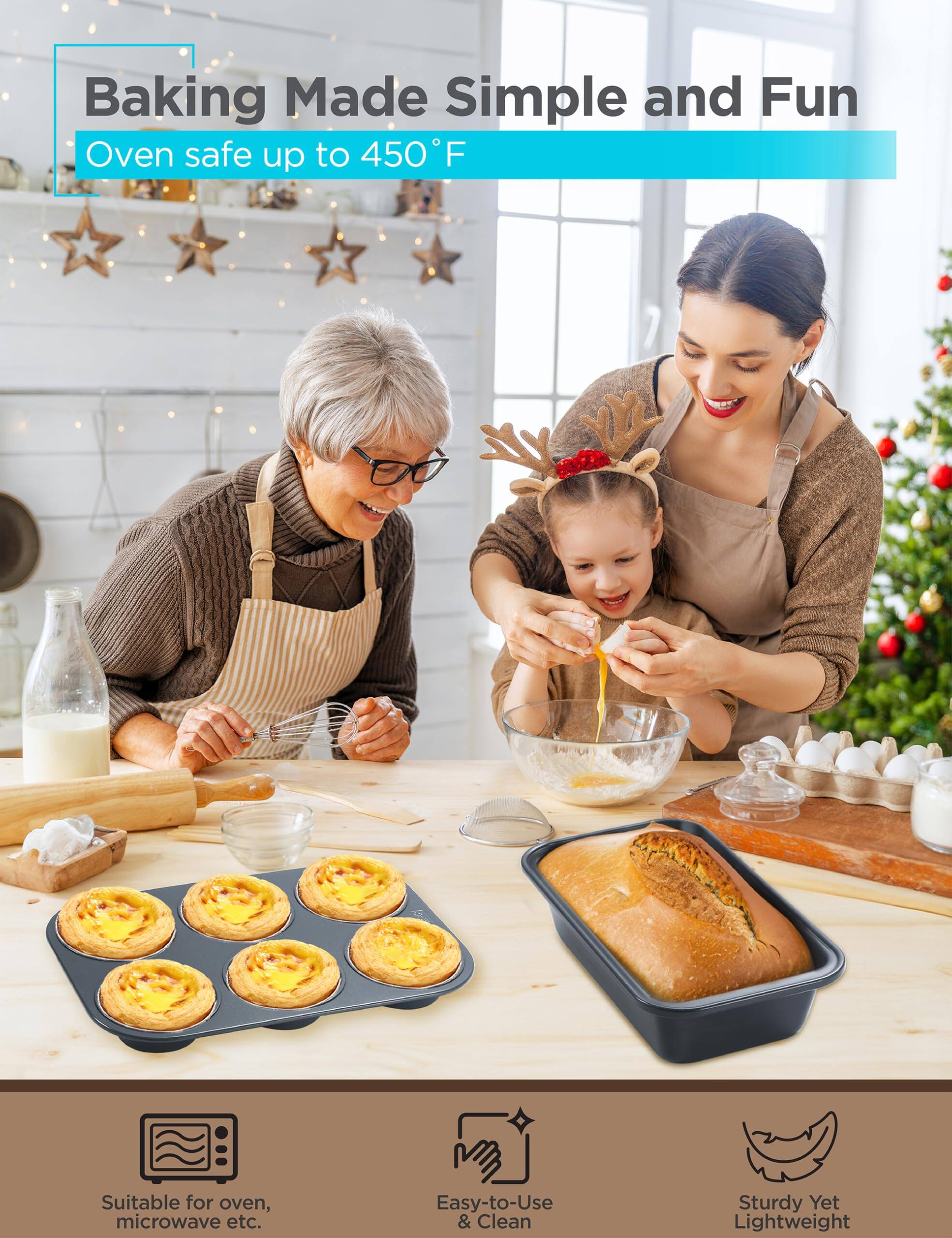 Baking Made Simple and Fun
Oven safe up to 450°F
Suitable for oven, microwave etc.
Easy-to-Use & Clean
Sturdy Yet Lightweight