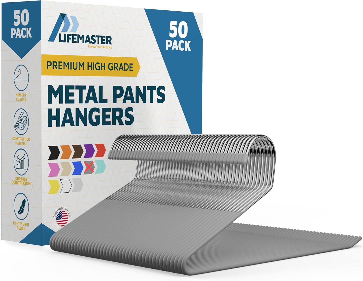 50 PACK, LIFEMASTER, PREMIUM HIGH GRADE, NON-SLIP COATING, METAL PANTS HANGERS, CONSTRUCTION MATERIAL, DURABLE CONSTRUCTION, LIGHT WEIGHT DESIGN, in the Destaty USA