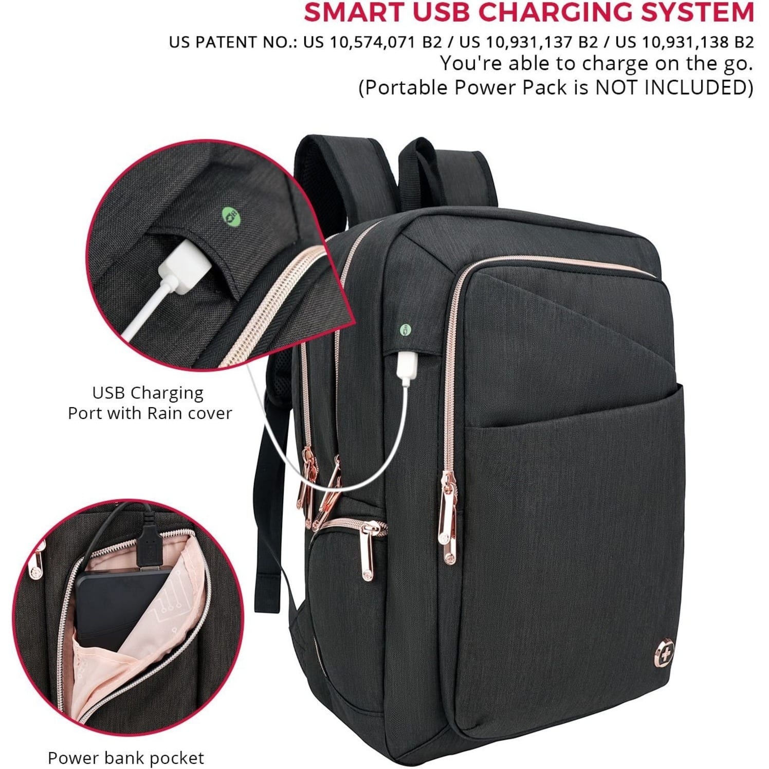 SMART USB CHARGING SYSTEM US PATENT NO.: US 10,574,071 B2 / US 10,931,137 B2 / US 10,931,138 B2 You're able to charge on the go. (Portable Power Pack is NOT INCLUDED) USB Charging Port with Rain cover Power bank pocket