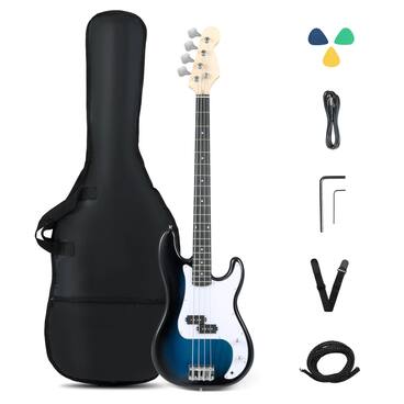 Front. Costway - Costway 45.5" Electric Bass Guitar with Double Pickups, Open-gear Tuning, Gig Bag, Rope - Blue + White.