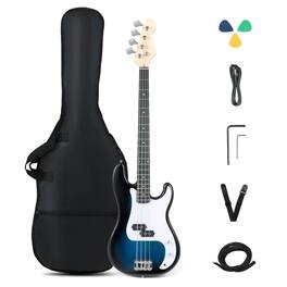 Costway - 45.5" Electric Bass Guitar with Double Pickups, Open-gear Tuning, Gig Bag, Rope - Blue + White