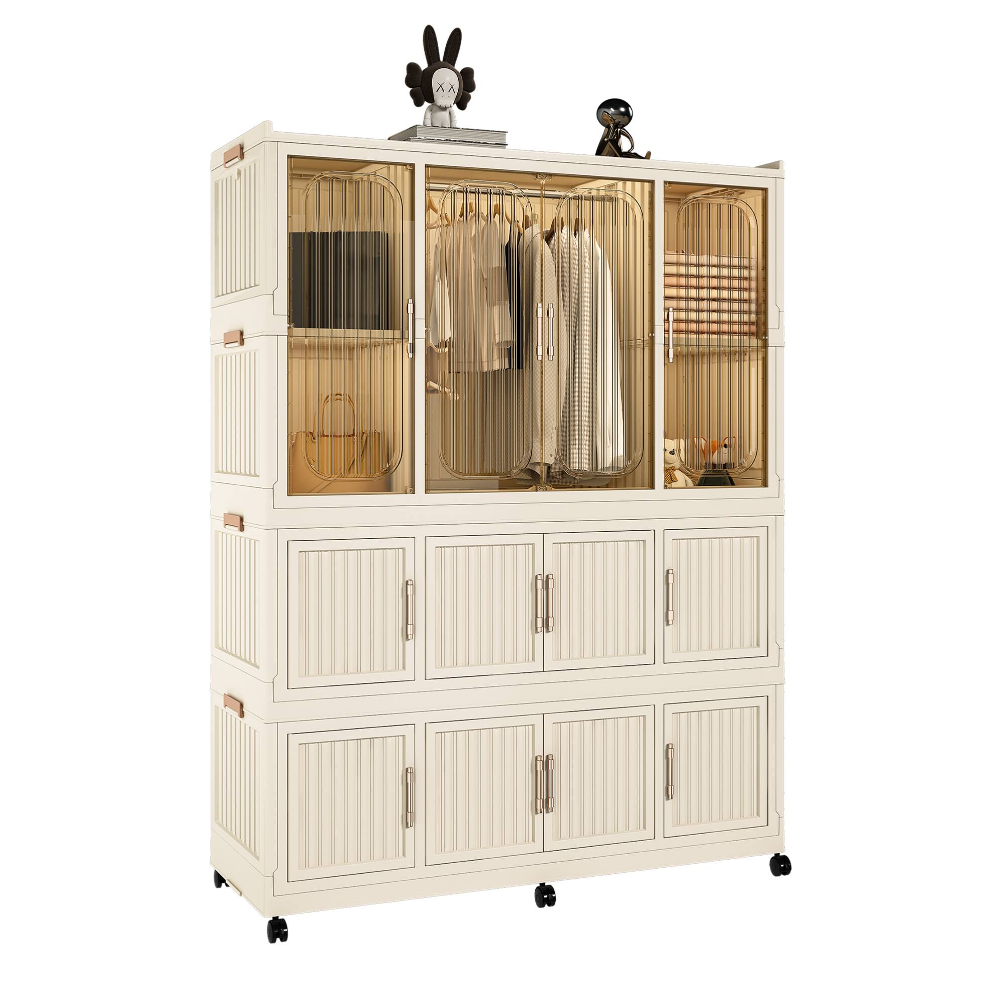Alt View 2. GOODSILO - Portable Wardrobe Closet Storage Organizer with 12 Magnetic Doors, 12 Storage Cubes and Hanging Rod - Cream White.