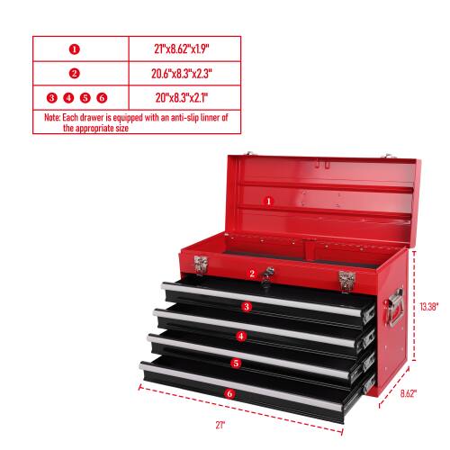 1. 21"x8.62"x1.9"
2. 20.6"x8.3"x2.3"
3. 20"x8.3"x2.1"

Note: Each drawer is equipped with an anti-slip liner of the appropriate size.

1. 13.38"
2. 8.62"