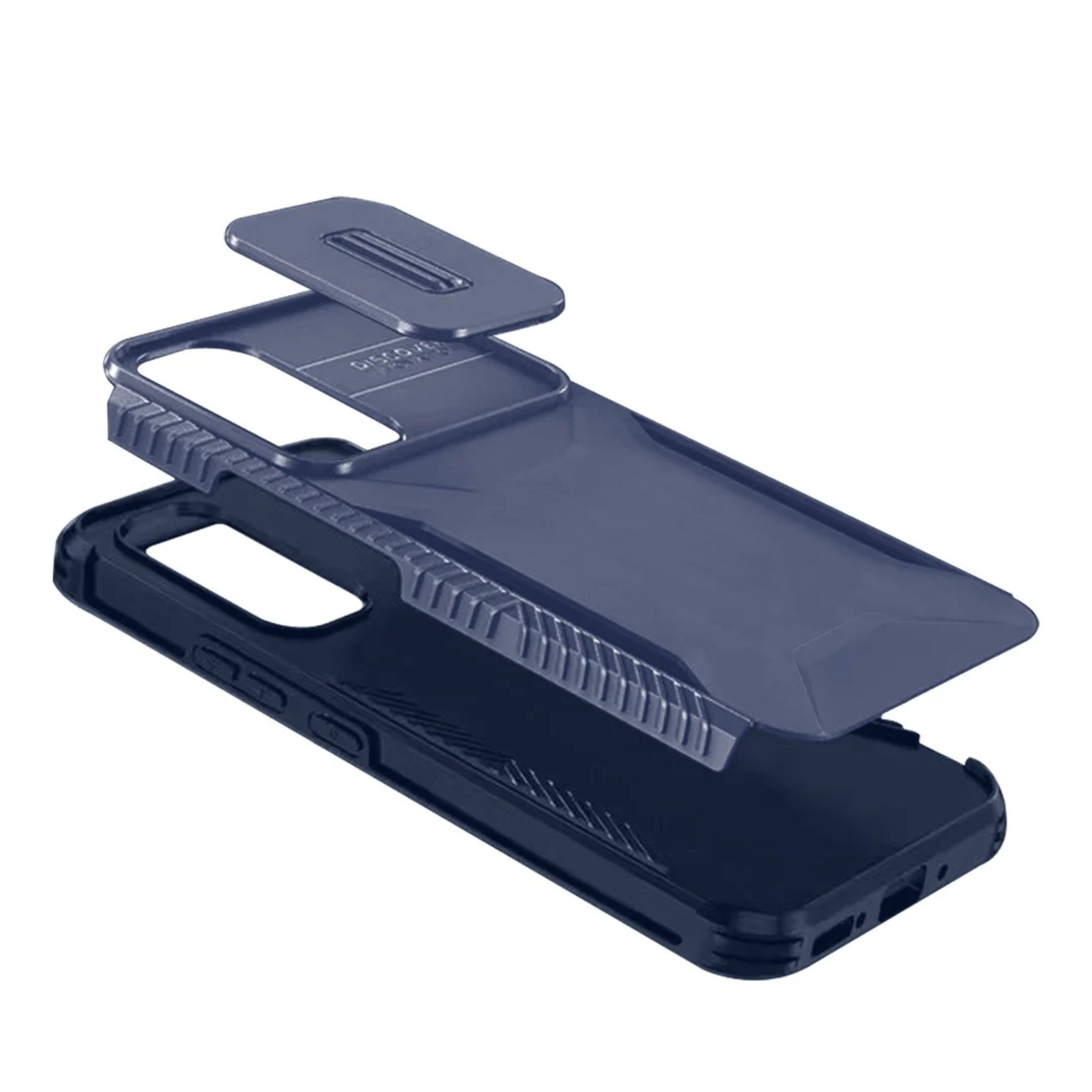 Angle. Kitcheniva - Rugged Side Grip With Sliding Rear Lens Phone Case For Samsung Galaxy S24 FE Dark Blue - Dark Blue.