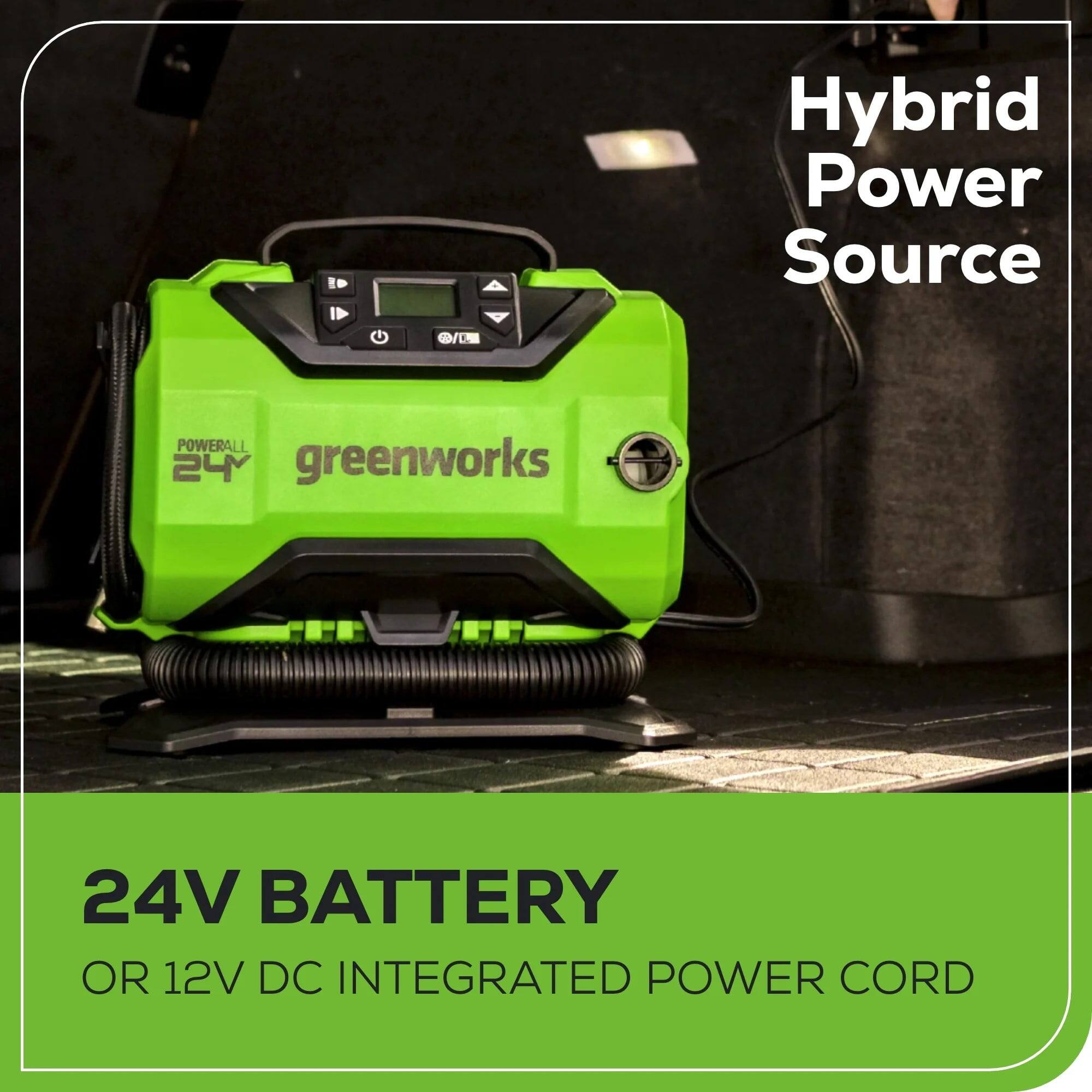 Hybrid Power Source

POWERALL 24V

greenworks

24V BATTERY OR 12V DC INTEGRATED POWER CORD