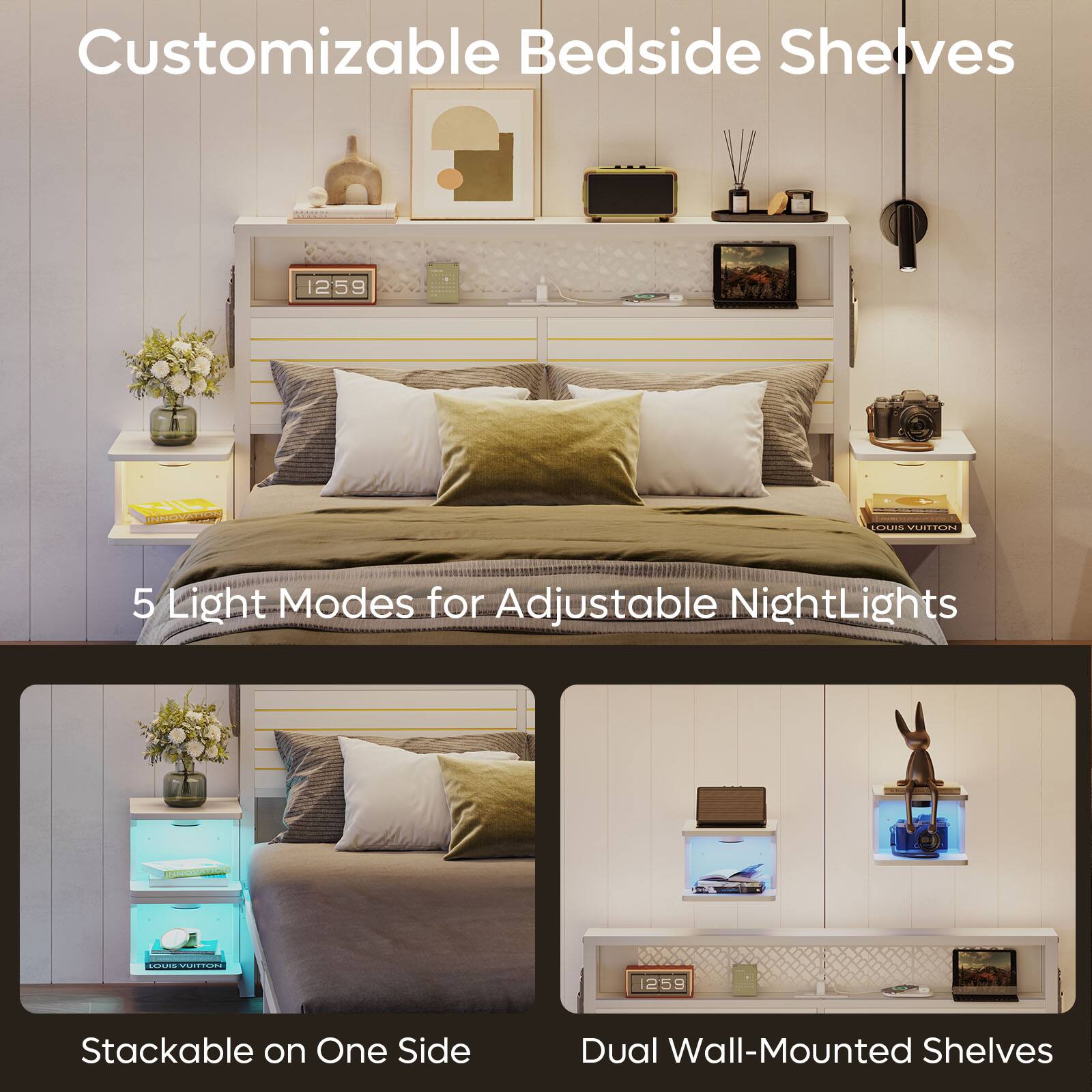 Customizable Bedside Shelves: 5 Light Modes for Adjustable NightLights. Stackable on One Side. Dual Wall-Mounted Shelves.