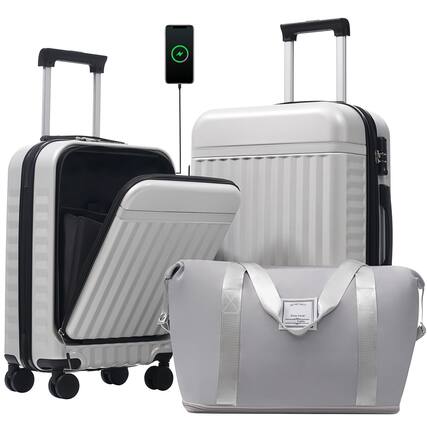 Front. Ecooso - Front Opening Luggage Set 3 Piece, Hardside ,USB Port, Expandable Luggage with Handle Bag Spinner Wheels TSA Lock - Grey+White.