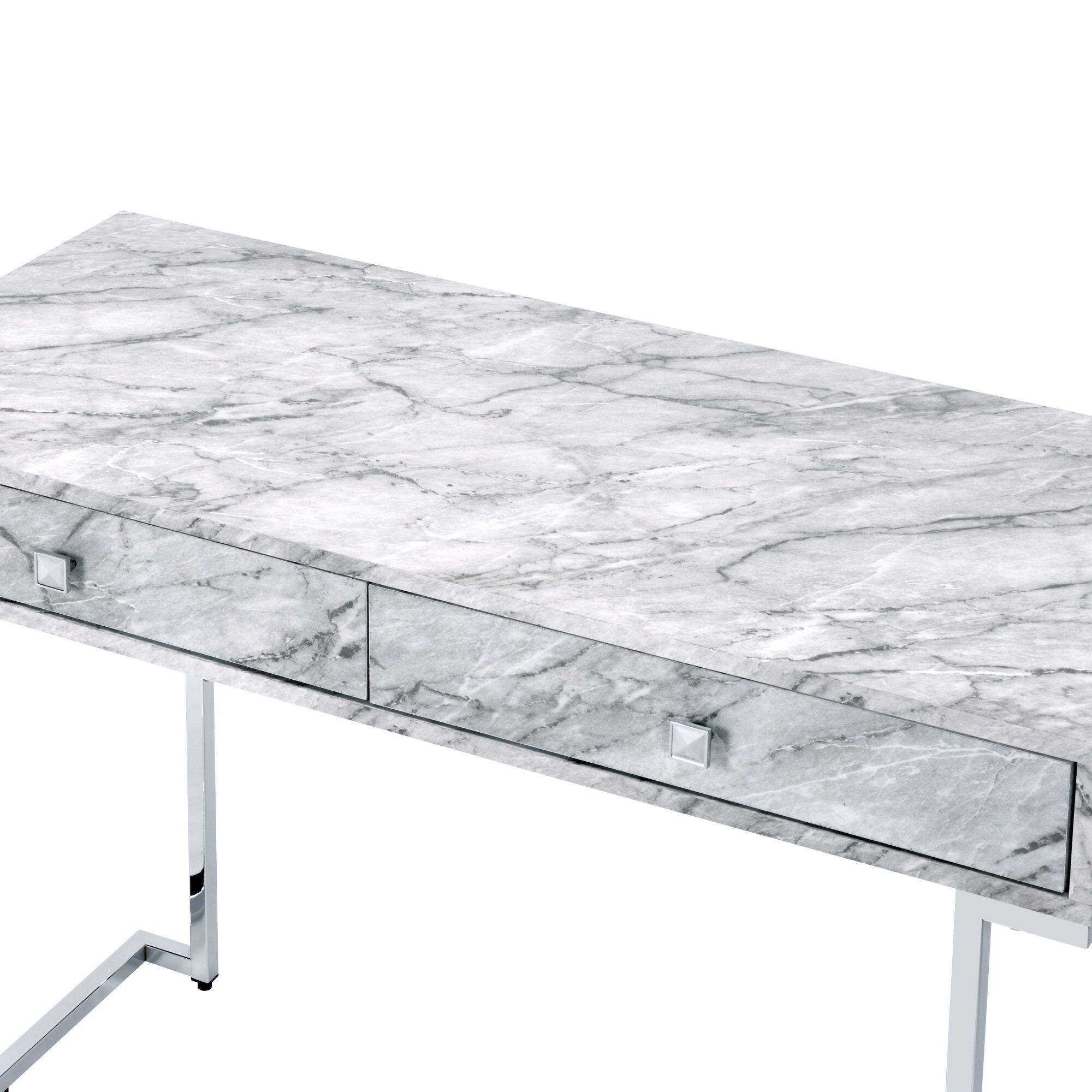 Back. GOODSILO - Modern White Printed Faux Marble Top Writing Desk with Chrome Finish and Storage Drawers - White.