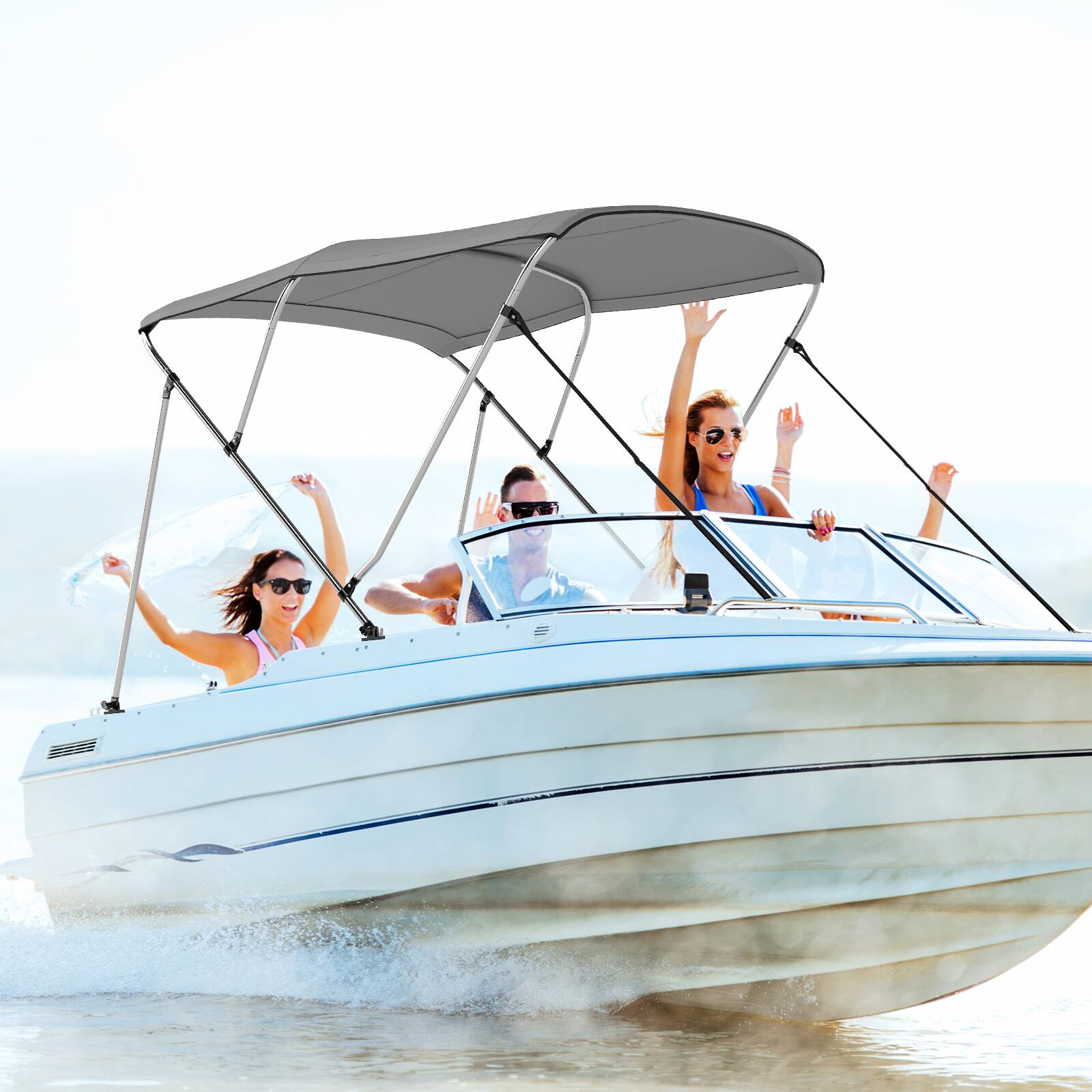 Alt View 1. Gymax - Gymax 3-Bow Boat Bimini Top Sun Shade Boat Canopy w/ Storage Boot Straps - Gray.