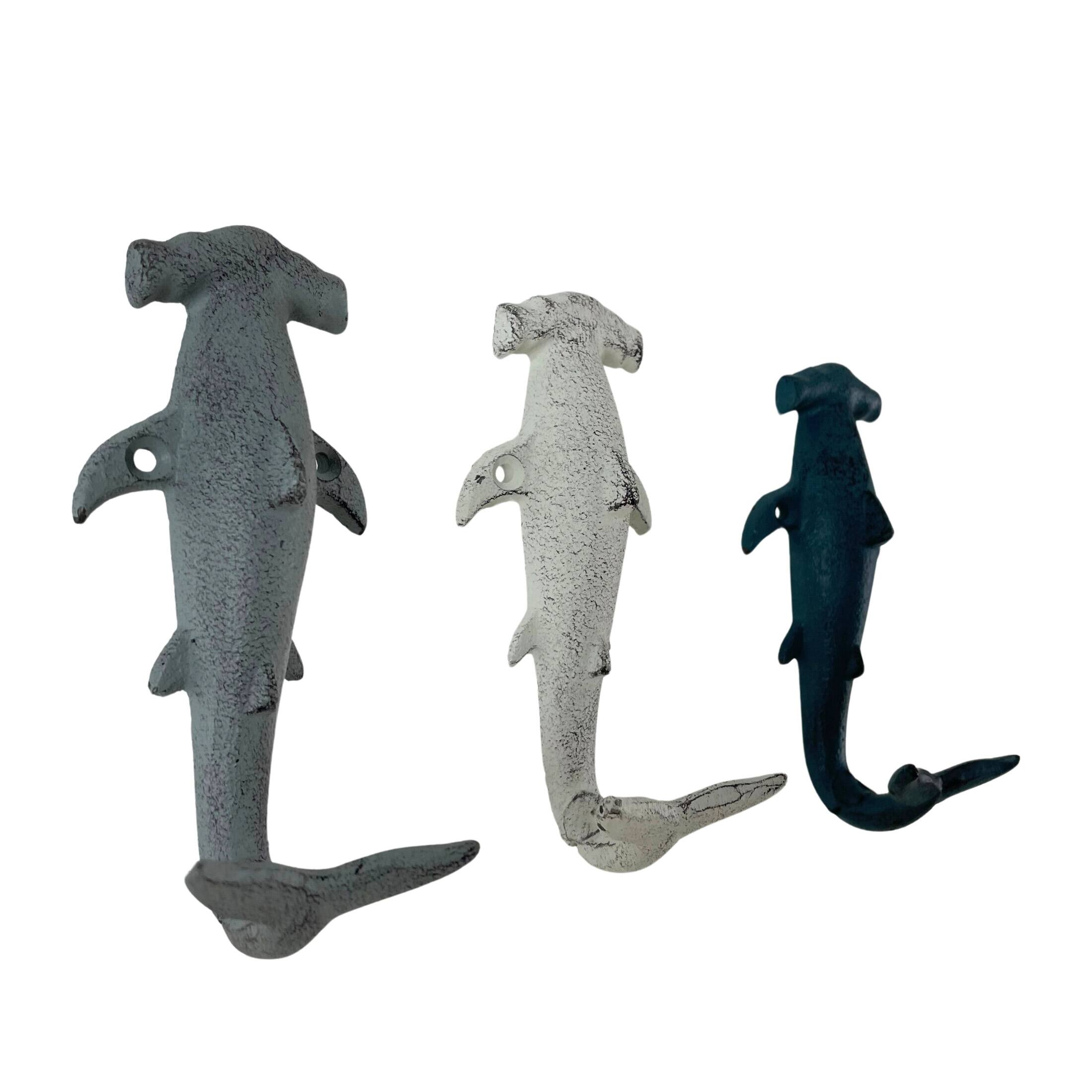 Alt View 1. Zeckos - Hammerhead Shark Wall Hooks Set – Cast Iron Nautical Decor, 5 Inches High - Multicolored.