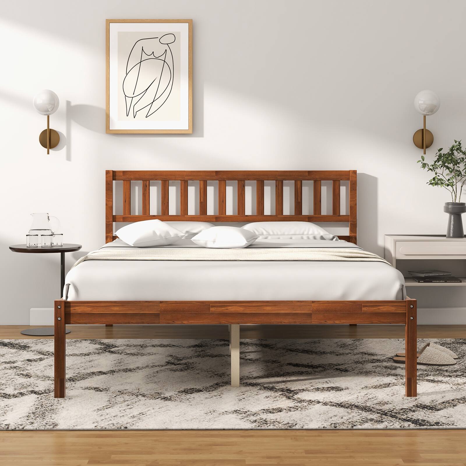 Alt View 3. Ecooso - Full Size Wood Bed Frame with Headboard and Slat Support - Brown.