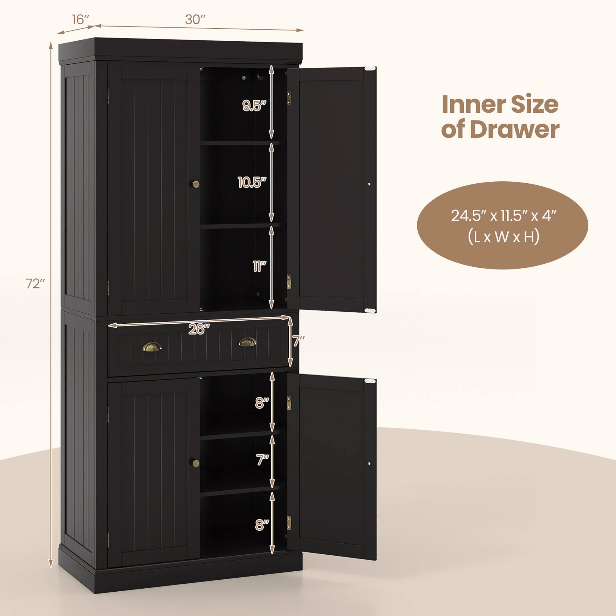 - 16" (Height)
- 30" (Width)
- 72" (Height)
- Inner Size of Drawer: 24.5" x 11.5" x 4" (L x W x H)
- 9.5" (Shelf spacing)
- 10.5" (Shelf spacing)
- 11" (Shelf spacing)
- 26" (Drawer width)
- 7" (Drawer height)
- 8" (Drawer height)