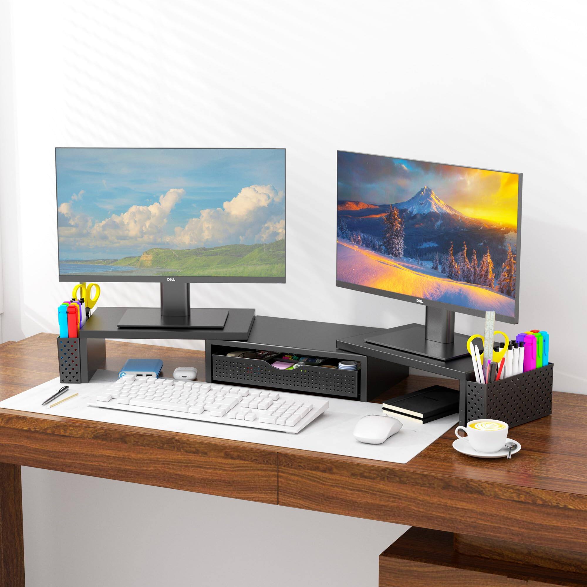 Spacrea Dual Monitor Stand Riser With Drawer & Pen Holders - Metal Desk Organizer, Adjustable Width Up To 40.6", Black - View #10