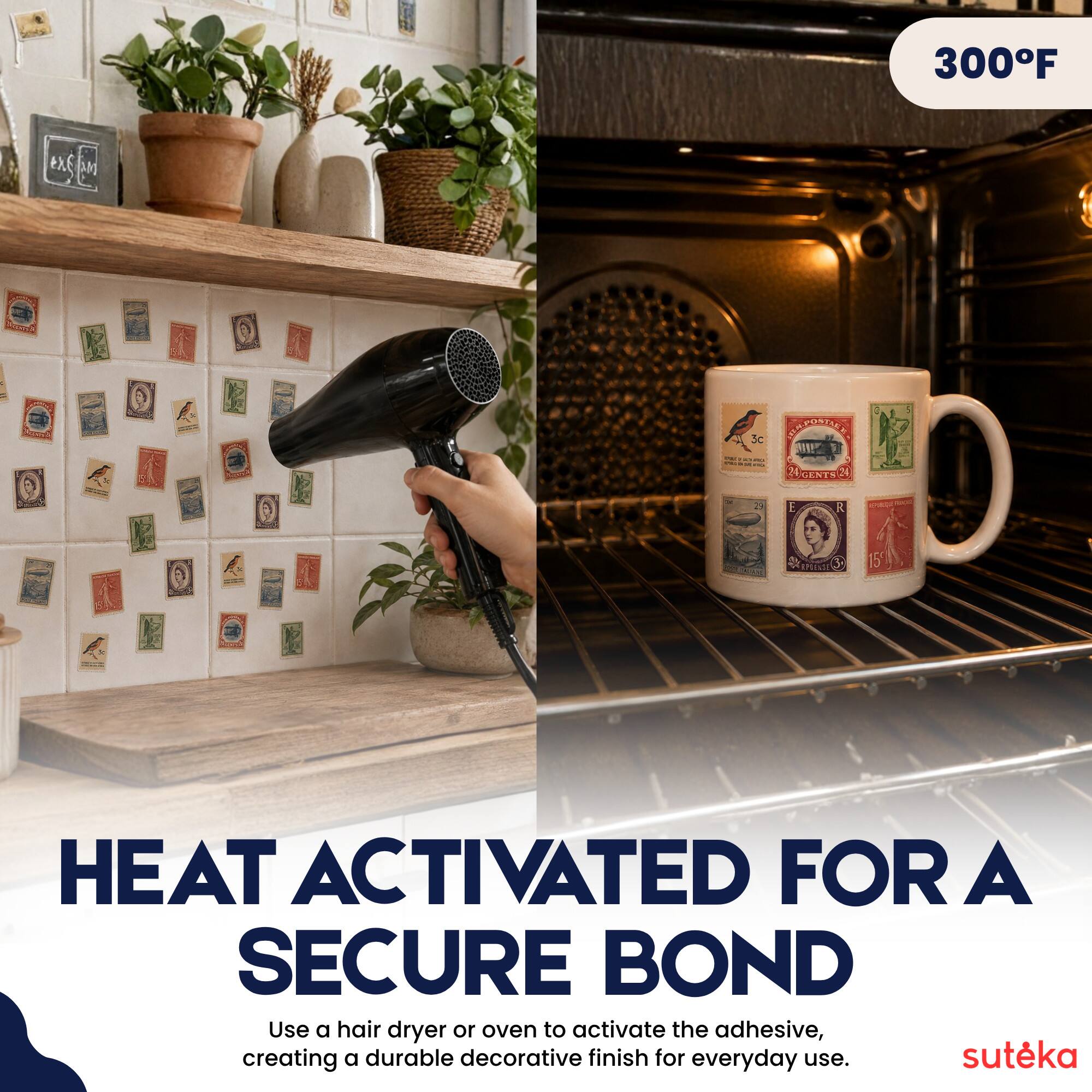 300°F

HEAT ACTIVATED FOR A SECURE BOND

Use a hair dryer or oven to activate the adhesive, creating a durable decorative finish for everyday use.

suteka
