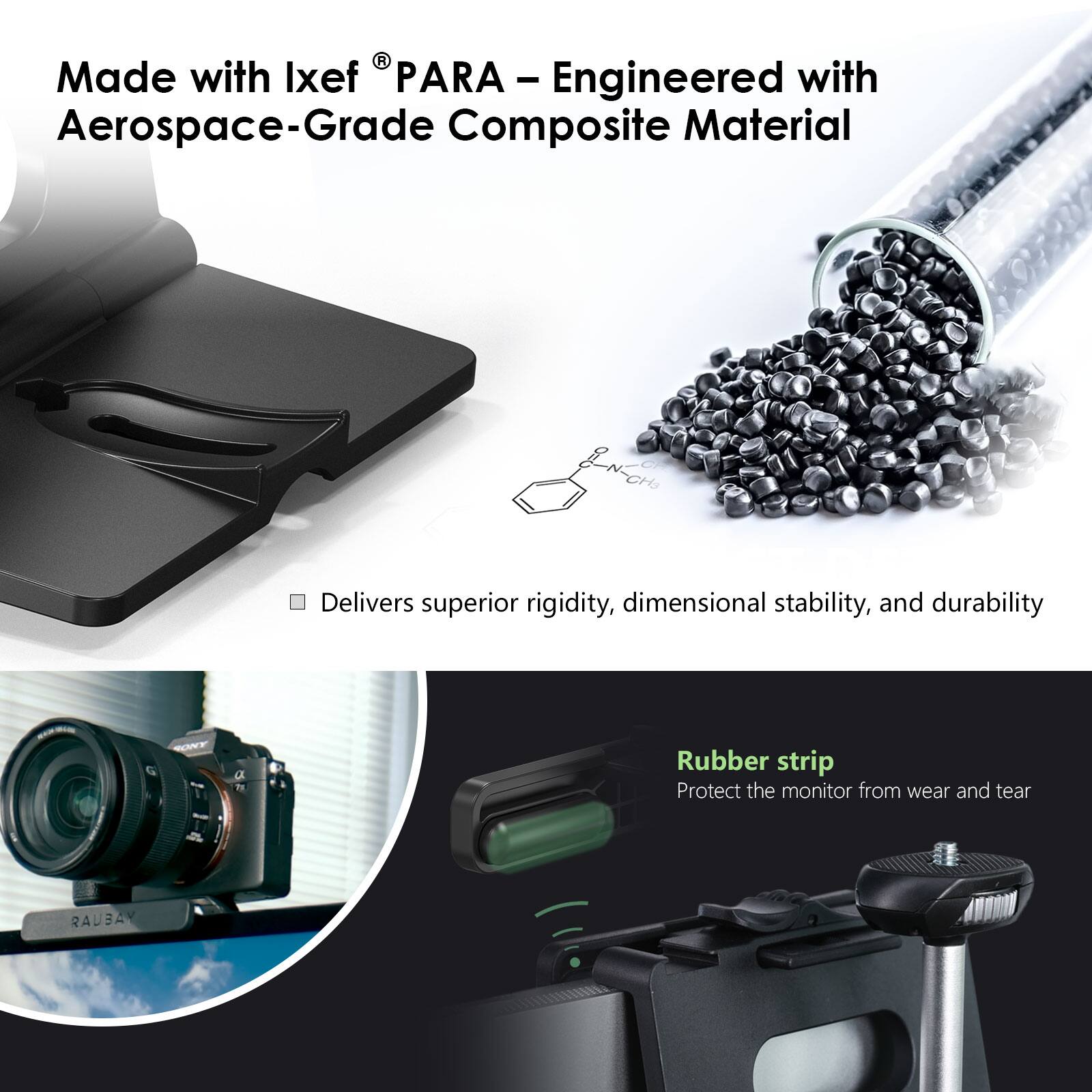 Made with Ixef® PARA – Engineered with Aerospace-Grade Composite Material

- Delivers superior rigidity, dimensional stability, and durability

Rubber strip
Protect the monitor from wear and tear