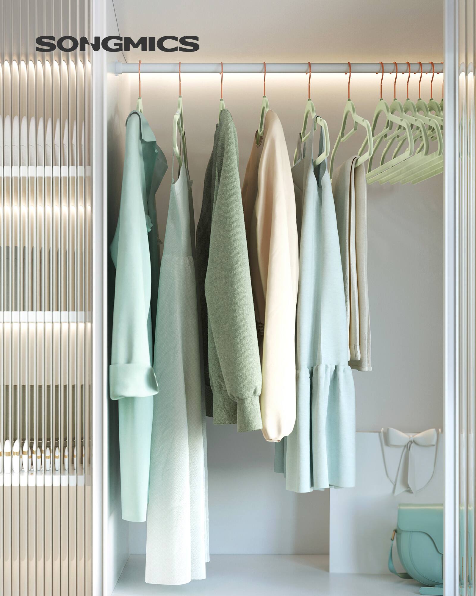 Back. Songmics Home - Velvet Hangers, Set of 50 Clothes Hanger with Rose Gold Swivel Hook, Non-Slip, 0.2-Inch Thick, 17.1-Inch Long - Lime Green.
