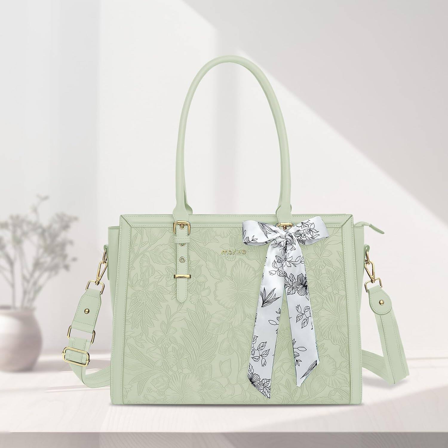 Left. mosiso - Laptop Bag for Women 17-17.3 inch PU Leather Tote Bag Work Briefcase Computer Bags - Sage Green.