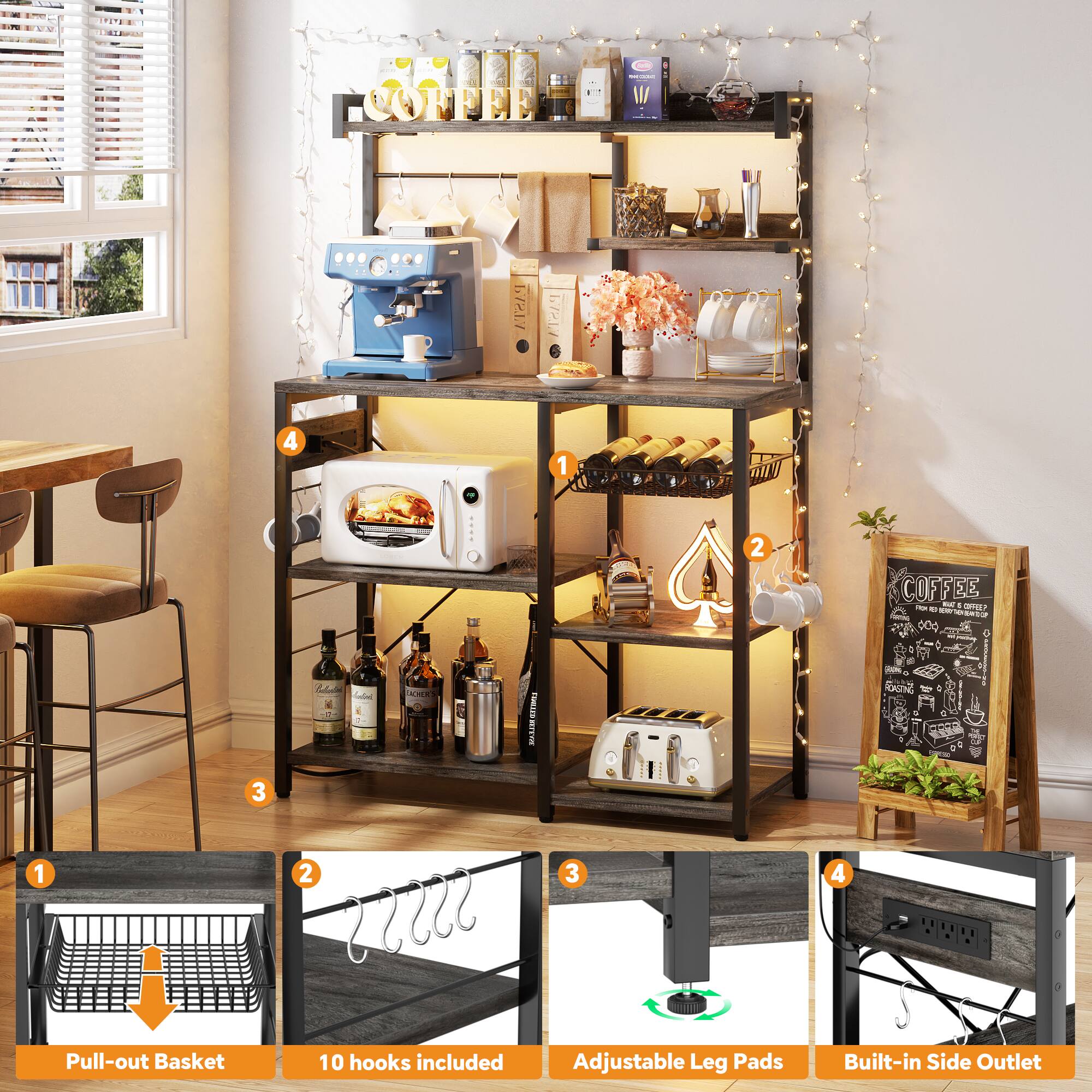 - COFFEE
- Pull-out Basket
- 10 hooks included
- Adjustable Leg Pads
- Built-in Side Outlet