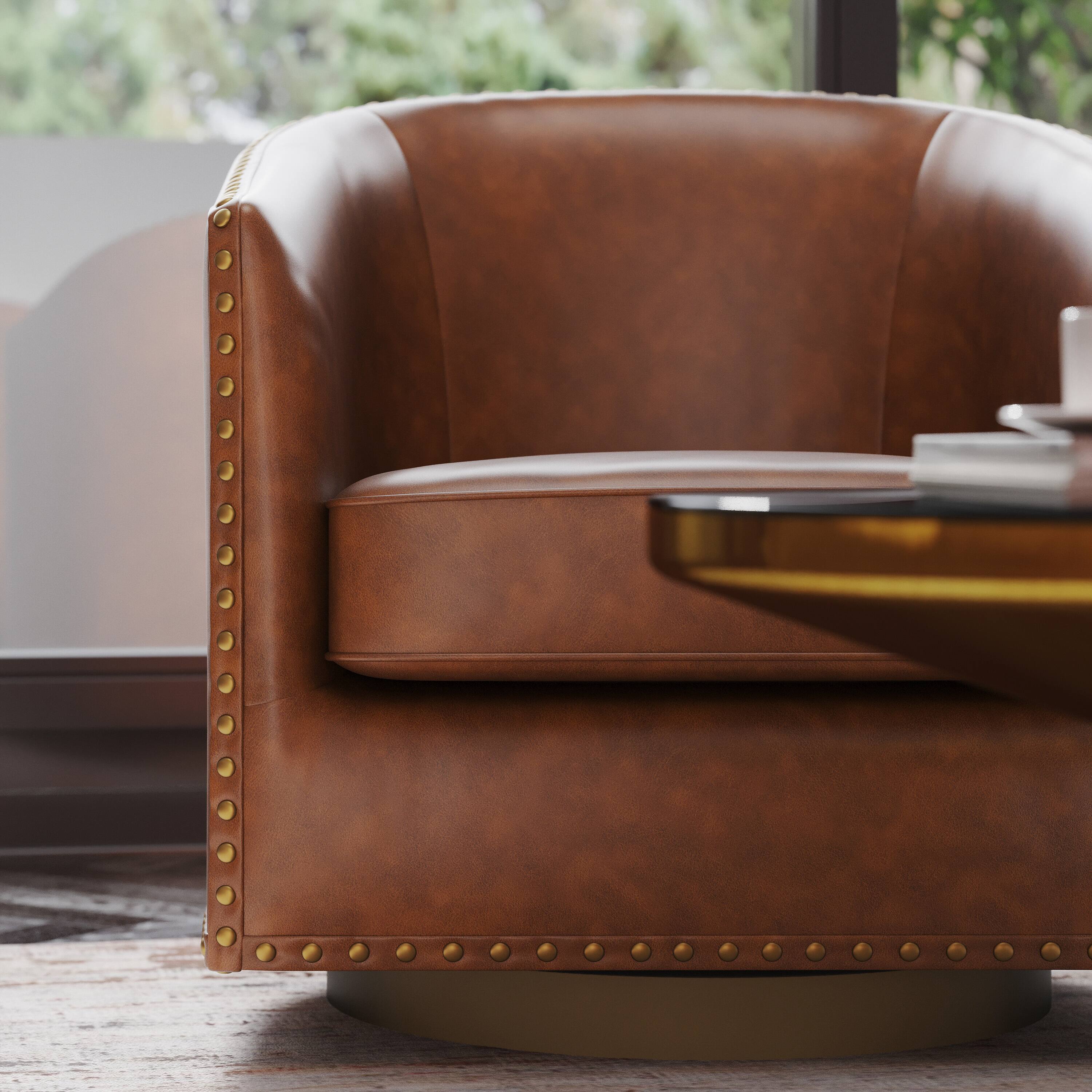 Alt View 4. Emma + Oliver - Cole Upholstered Club Style Barrel Accent Chair with 360° Swivel Vinyl Wrapped Base and Decorative Nail Head Trim - Brown.