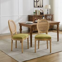 GOODSILO - French Style Solid Wood Dining Chairs with Linen Upholstery and Rattan Backrest, Set of 2 - Olive Green