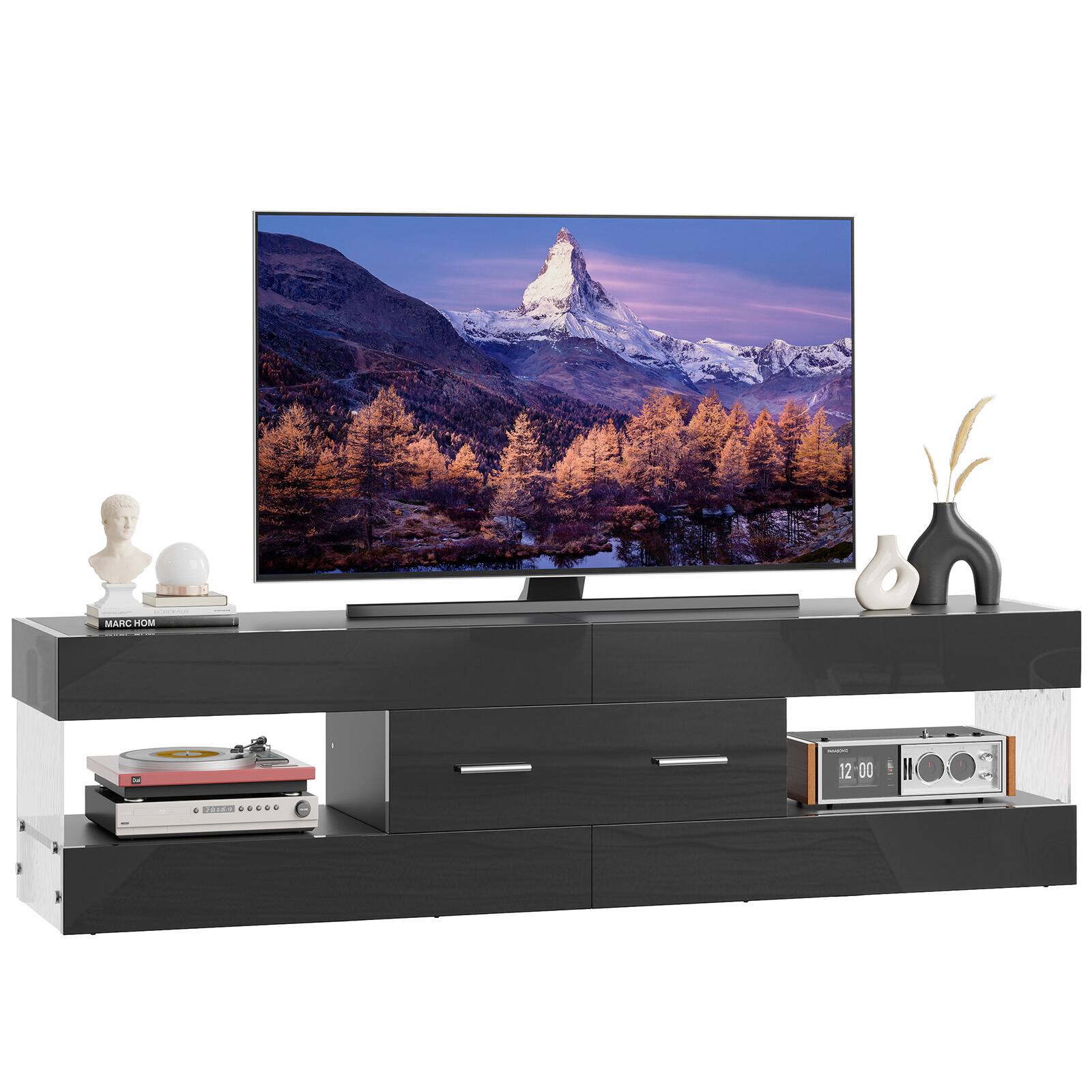 Bestier - 60inch Glossy TV Stand for TVs Up to 65 Inches, Featuring a Drawer and LED-Lit Stone Grain Media Console - Black