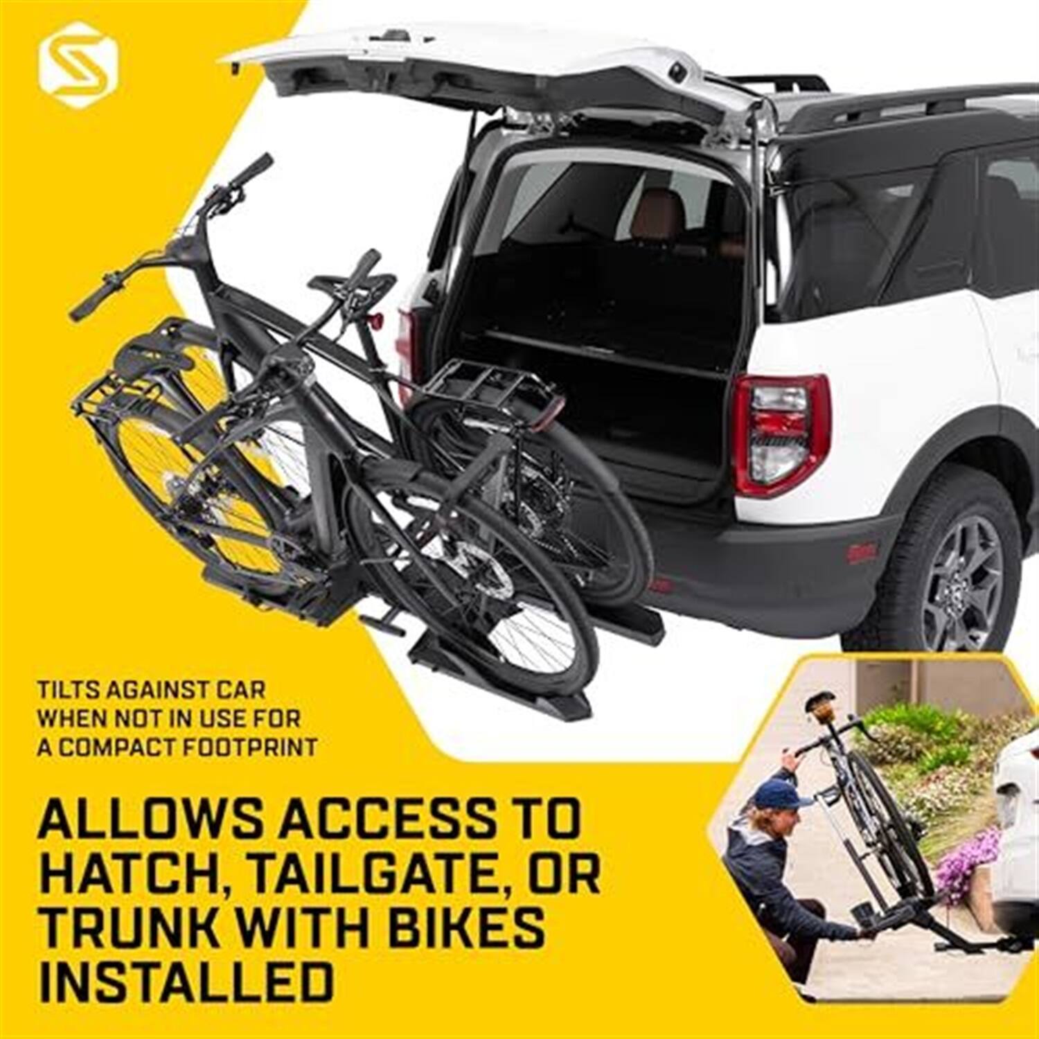 Tilts against car when not in use for a compact footprint allows access to hatch, tailgate, or trunk with bikes installed