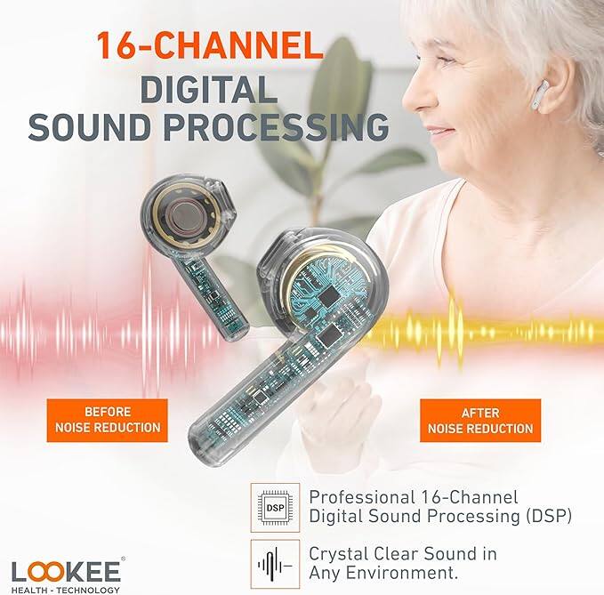 16-CHANNEL DIGITAL SOUND PROCESSING

BEFORE NOISE REDUCTION

AFTER NOISE REDUCTION

Professional 16-Channel Digital Sound Processing (DSP)

Crystal Clear Sound in Any Environment.

LOOKEE HEALTH TECHNOLOGY