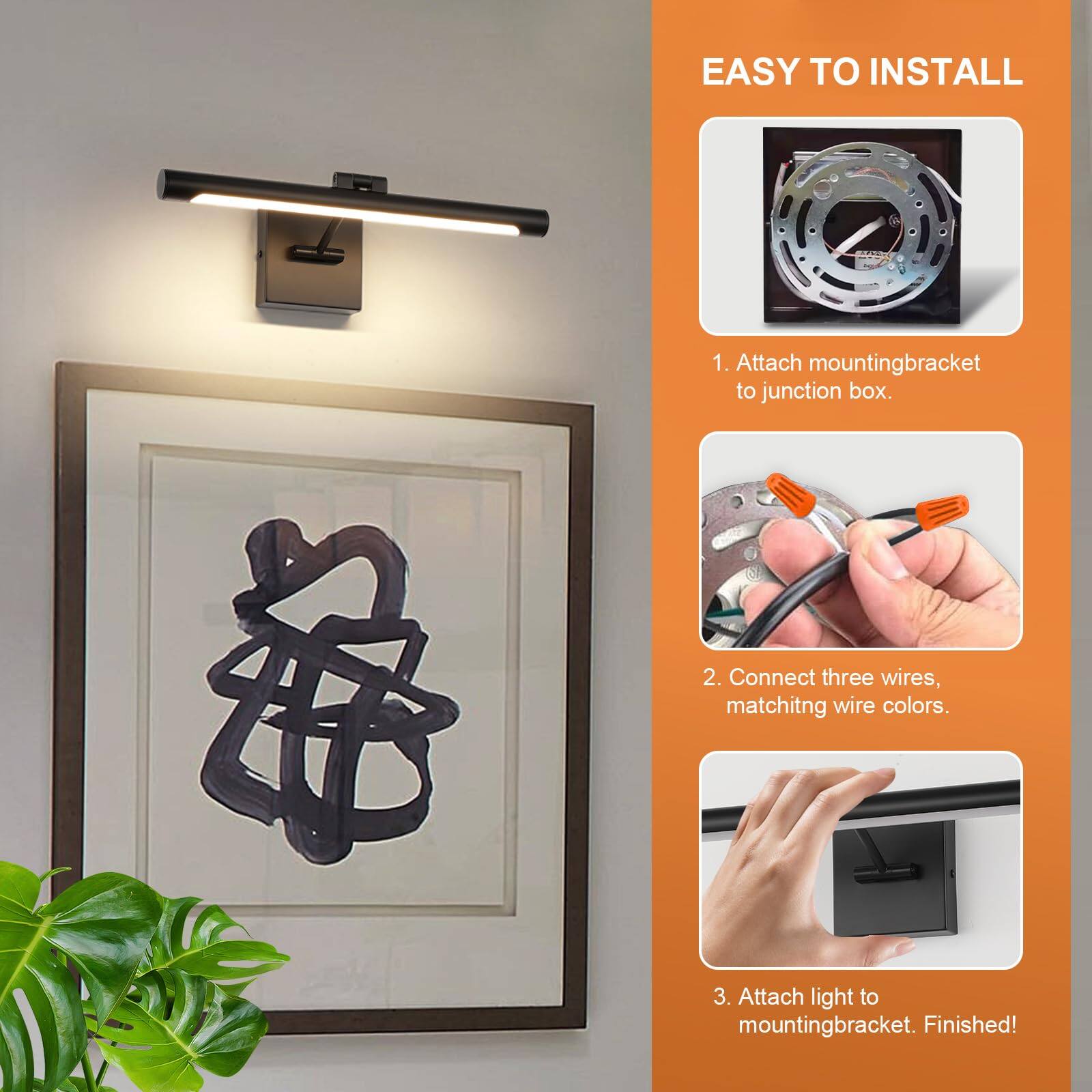 EASY TO INSTALL

1. Attach mounting bracket to junction box.

2. Connect three wires, matching wire colors.

3. Attach light to mounting bracket. Finished!