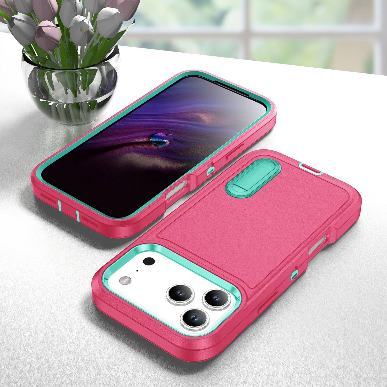 Alt View 4. UUCOVER - Dual Layer Protective Case for Apple iPhone 17 Pro Max with Hidden Kickstand, Raised Edge Protection Drop-proof Cover - Rose red+Light blue.