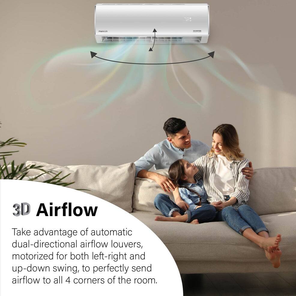 PRAVEUR  
INVERTER  
3D Airflow  
Take advantage of automatic dual-directional airflow louvers, motorized for both left-right and up-down swing, to perfectly send airflow to all 4 corners of the room.