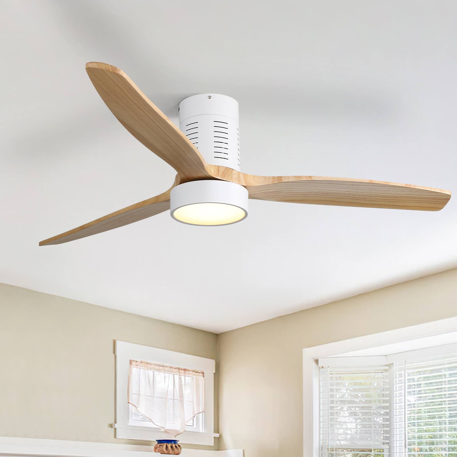 Alt View 3. Sofucor - 52'' Low Profile Ceiling Fan with Lights and Remote Dimmable LED Reversible DC Modern Wood Flush Mount Ceiling Fan - White.